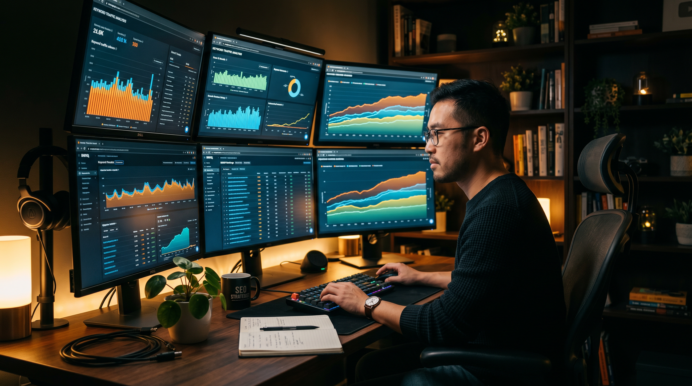 SEO strategist at a desk surrounded by keyword data charts on multiple monitors, modern home office,