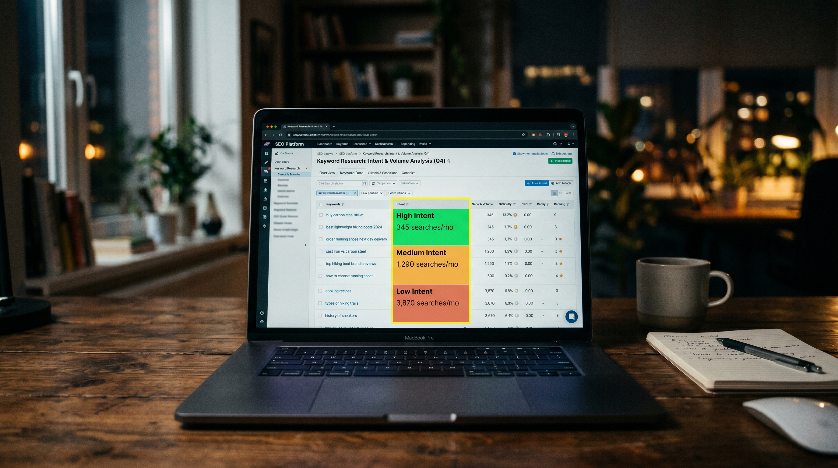 Close-up of a laptop screen showing a keyword research dashboard with a highlighted column labeling
