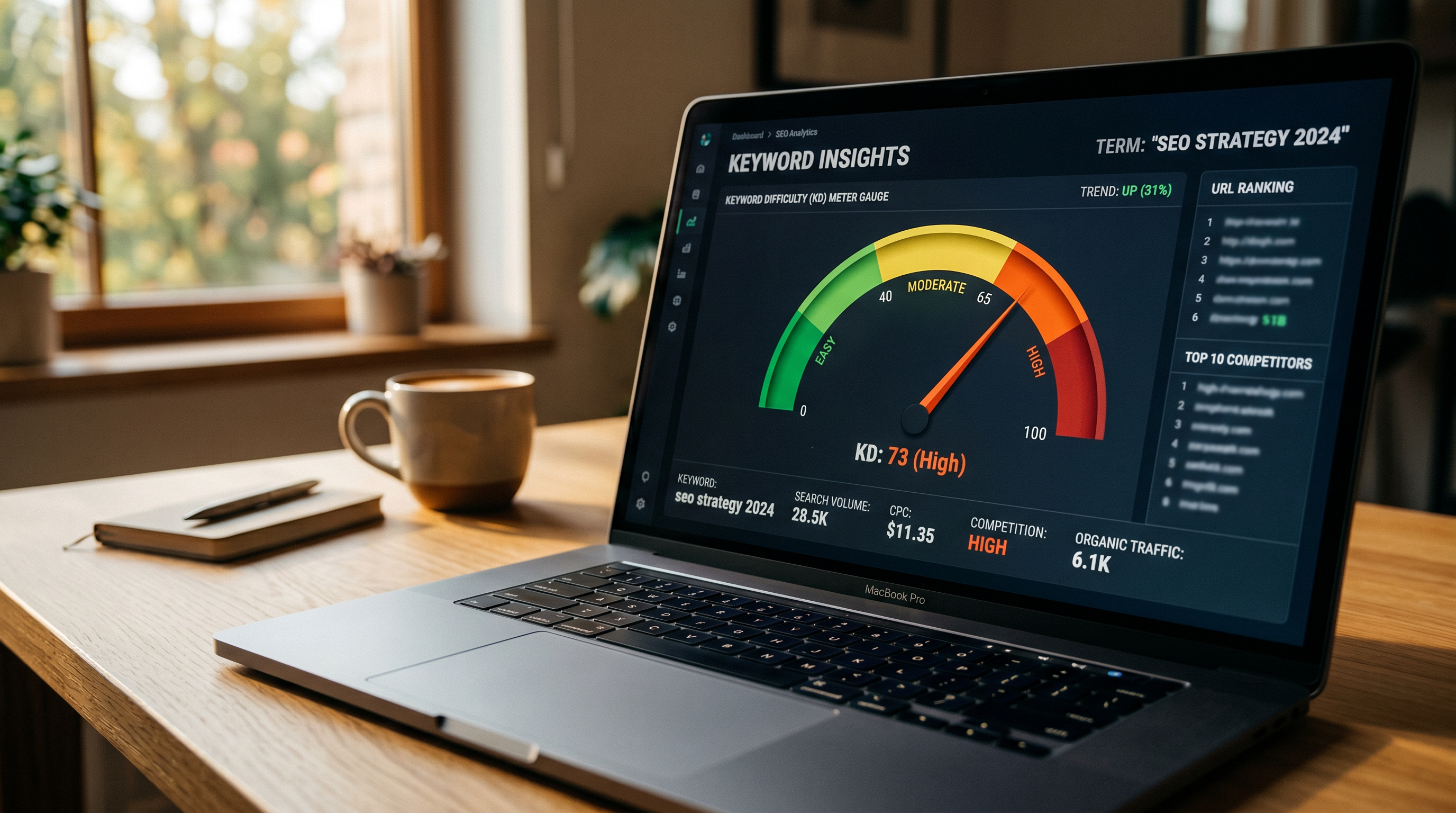 Close-up of a digital SEO dashboard on a laptop screen showing a keyword difficulty meter gauge from
