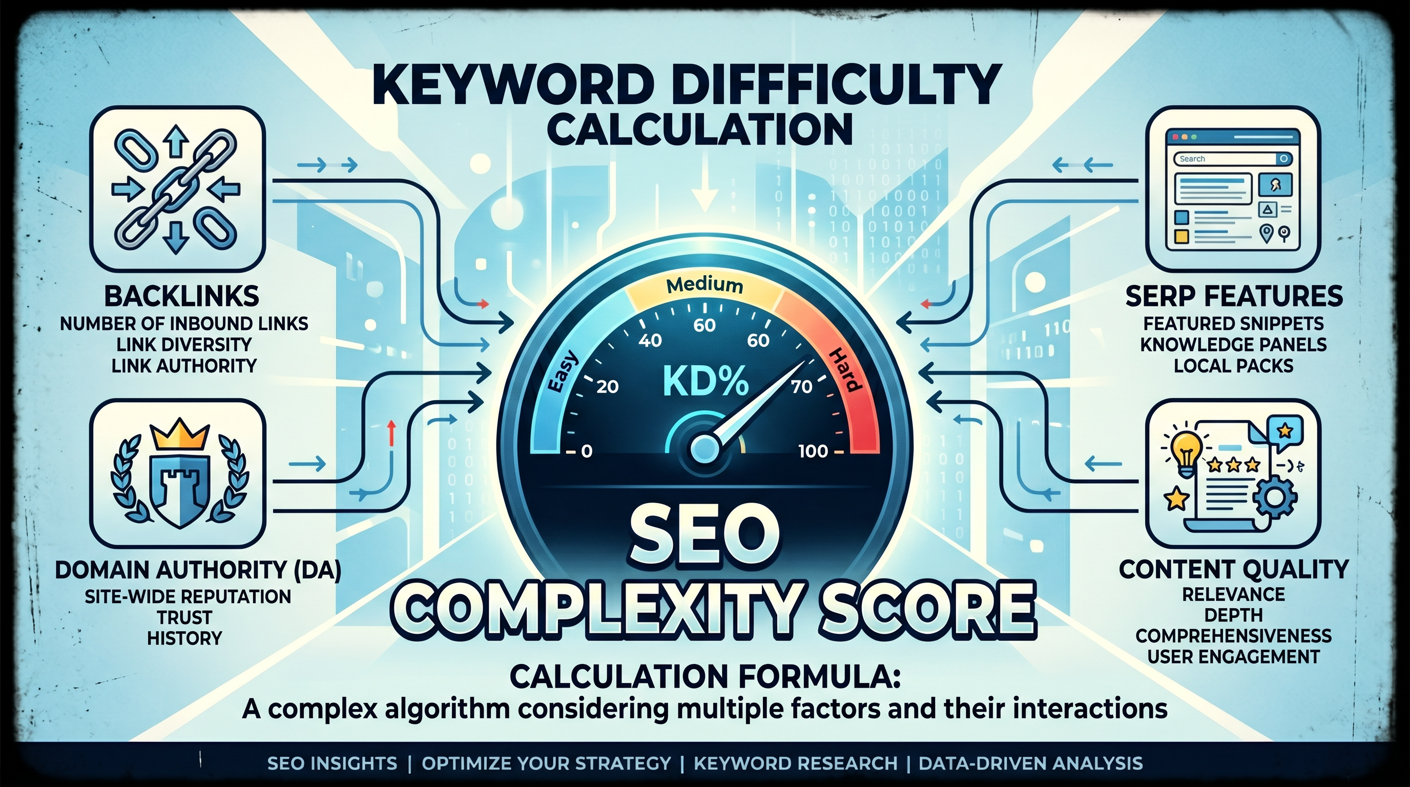 Infographic-style flat illustration showing the keyword difficulty calculation formula with icons re