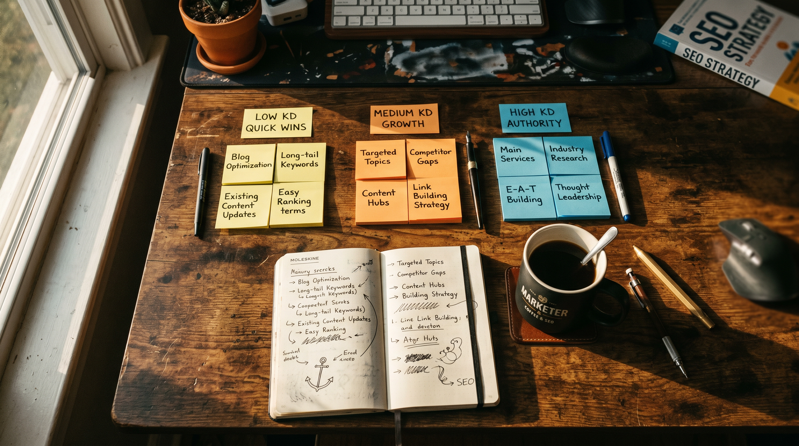 Top-down view of a marketer's desk with sticky notes showing SEO keyword categories labeled 'Low KD 