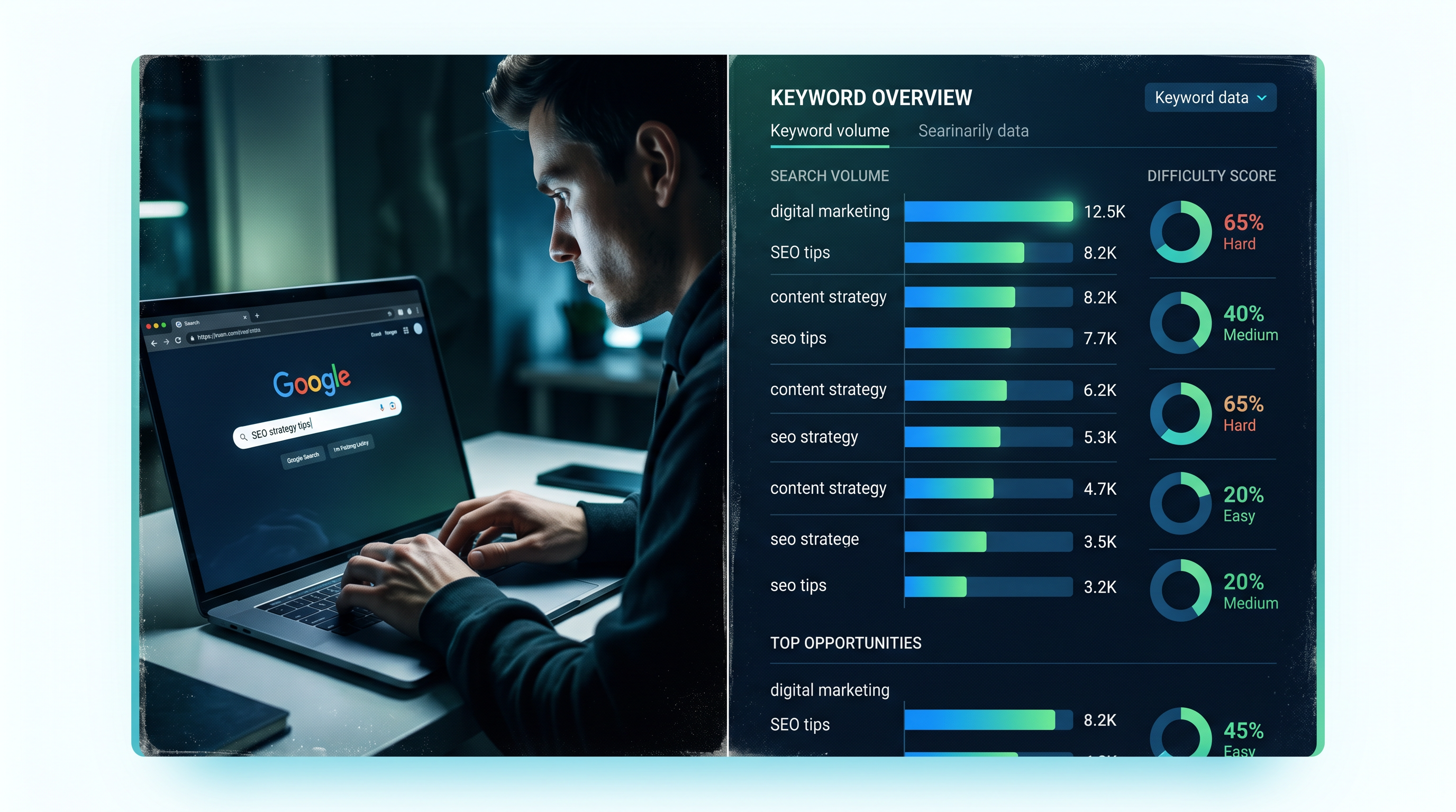 Split-screen illustration showing a person typing a search query into a laptop on one side, and a co