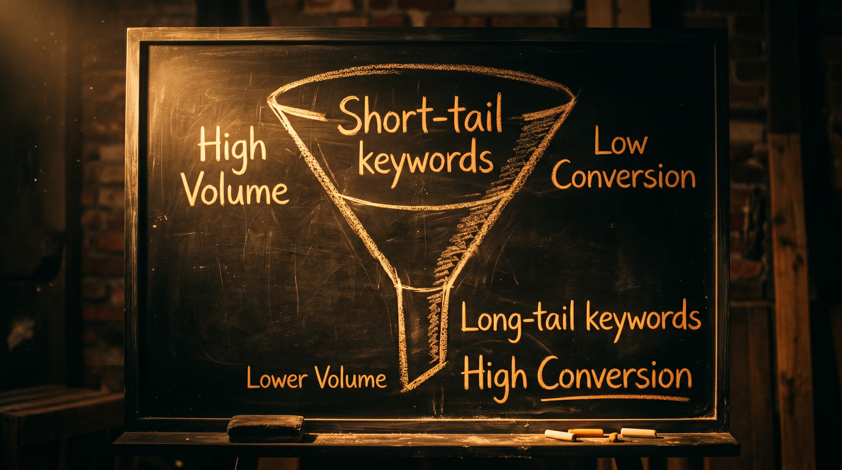 Simple diagram on a chalkboard-style background showing a funnel with 'Short-tail keywords' at the w