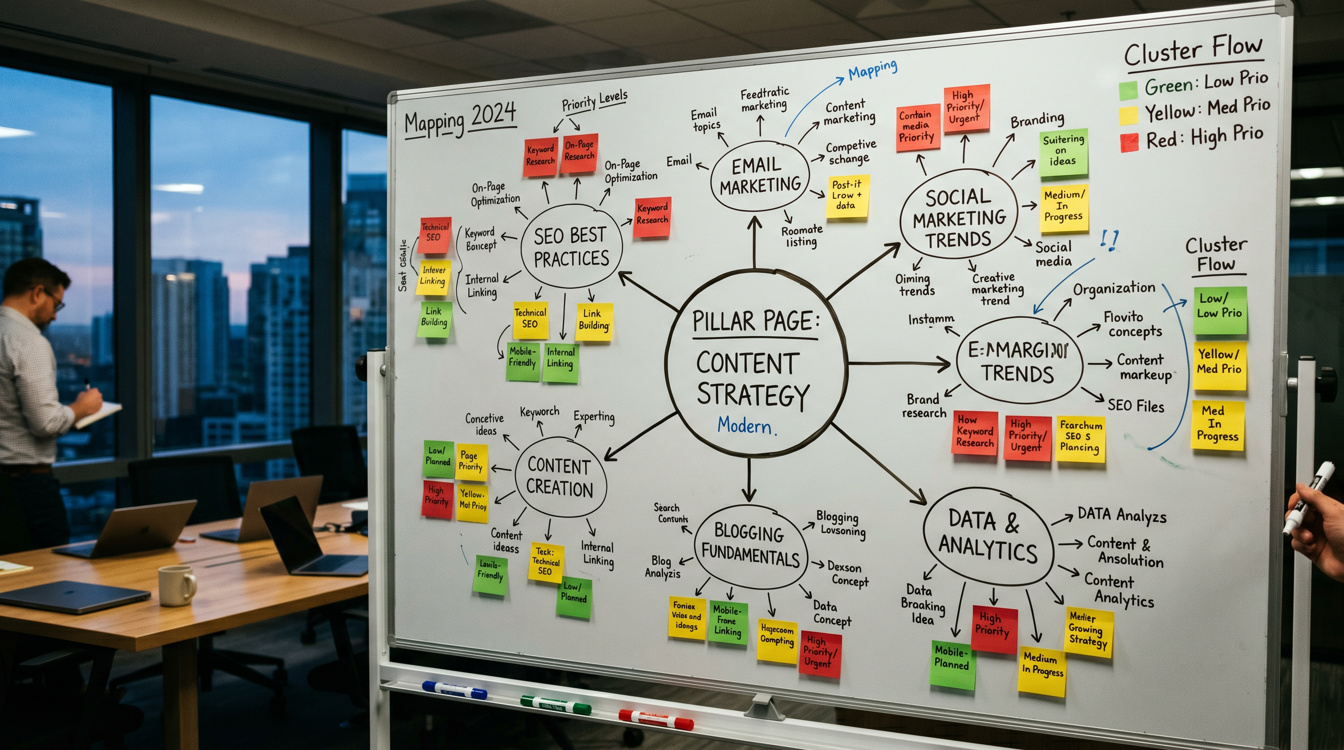 Organized content map on a whiteboard showing topic clusters connected by arrows to a central 'pilla