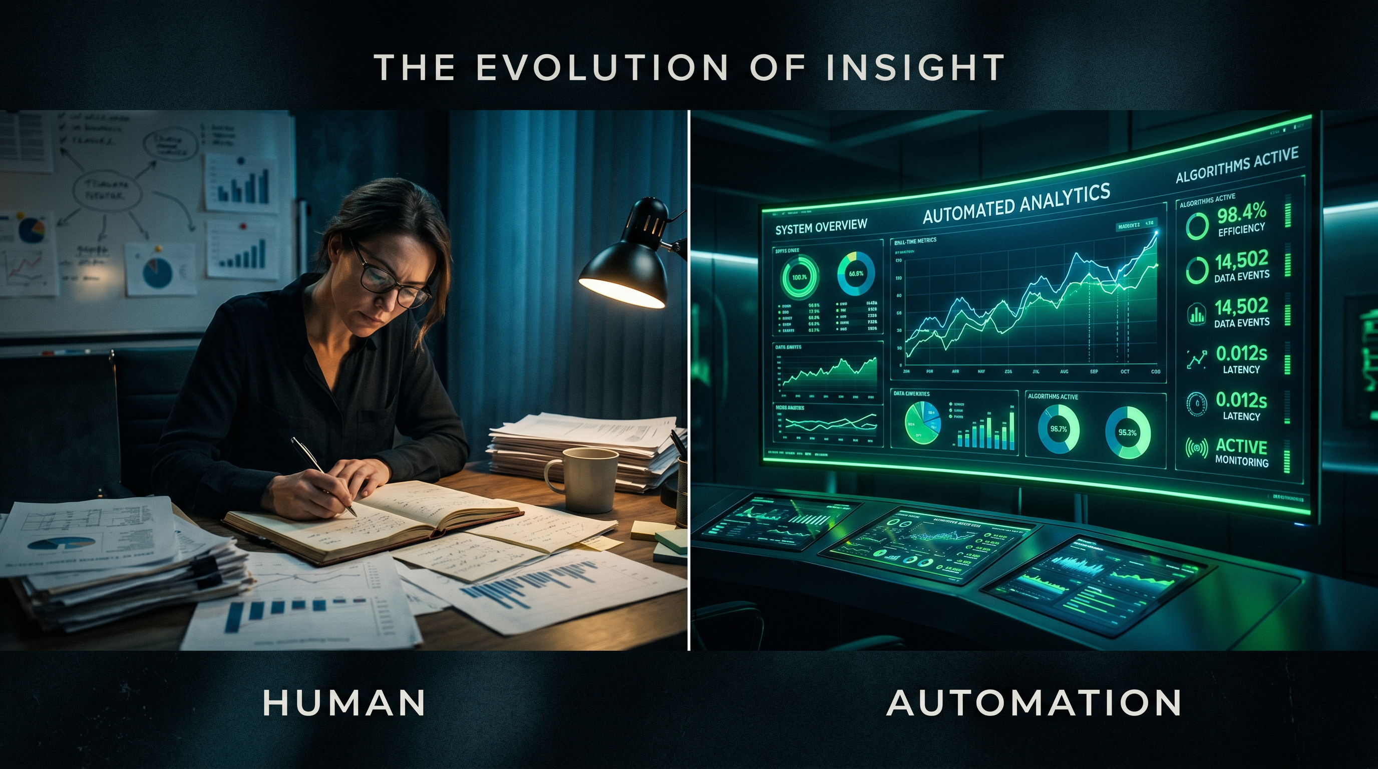 Split-screen graphic showing a human analyst at a desk with notebooks and charts on one side, and a 
