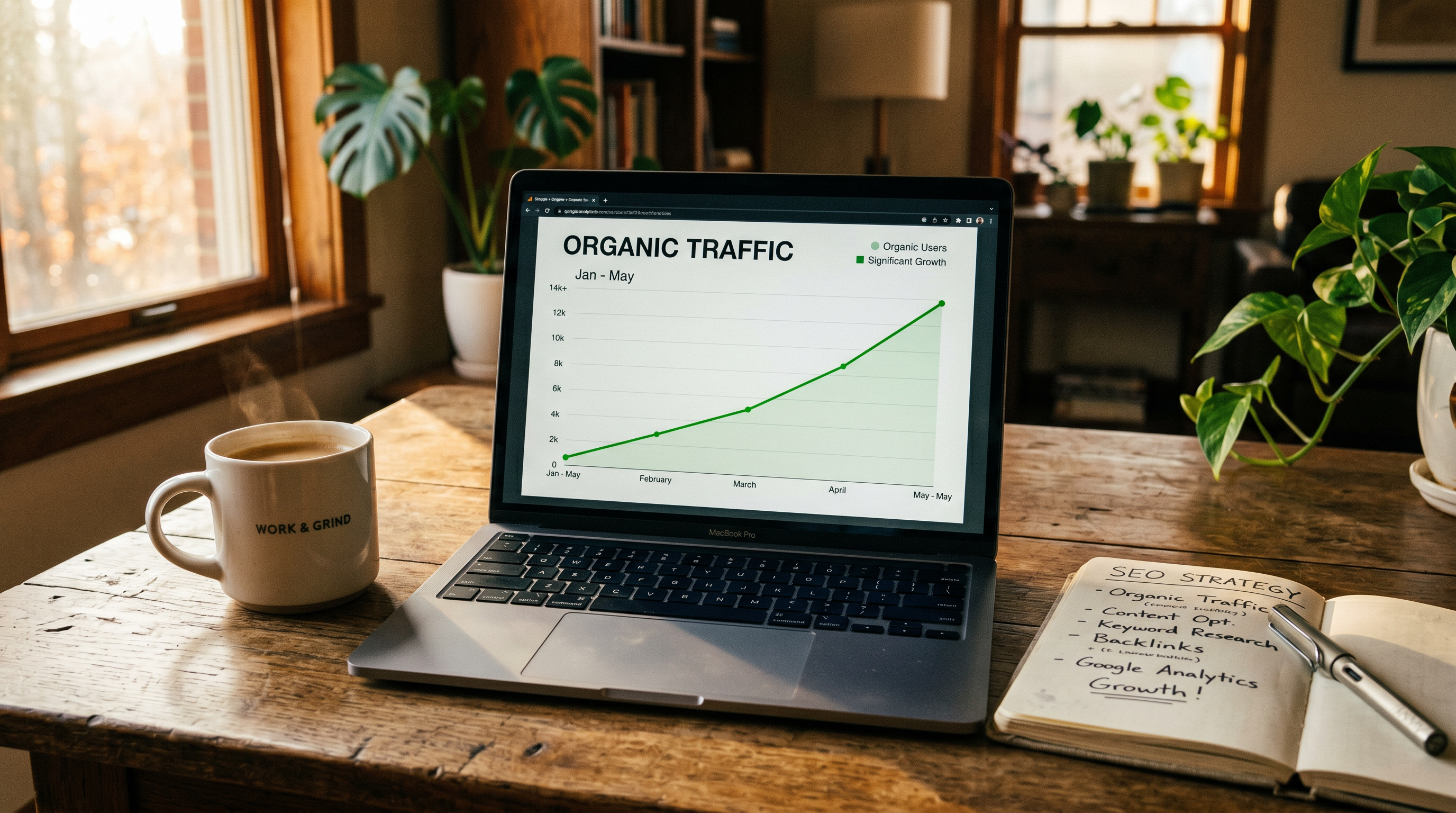 Upward trending organic traffic graph on a laptop screen placed on a wooden desk, surrounded by coff