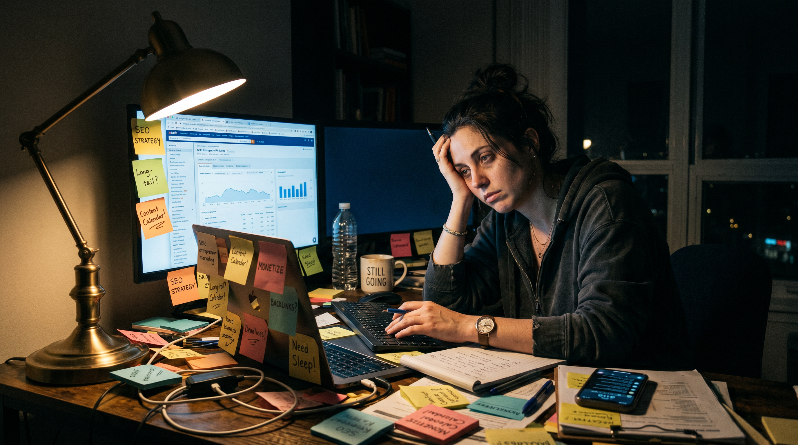 Exhausted solo entrepreneur at cluttered desk late at night surrounded by sticky notes and multiple 