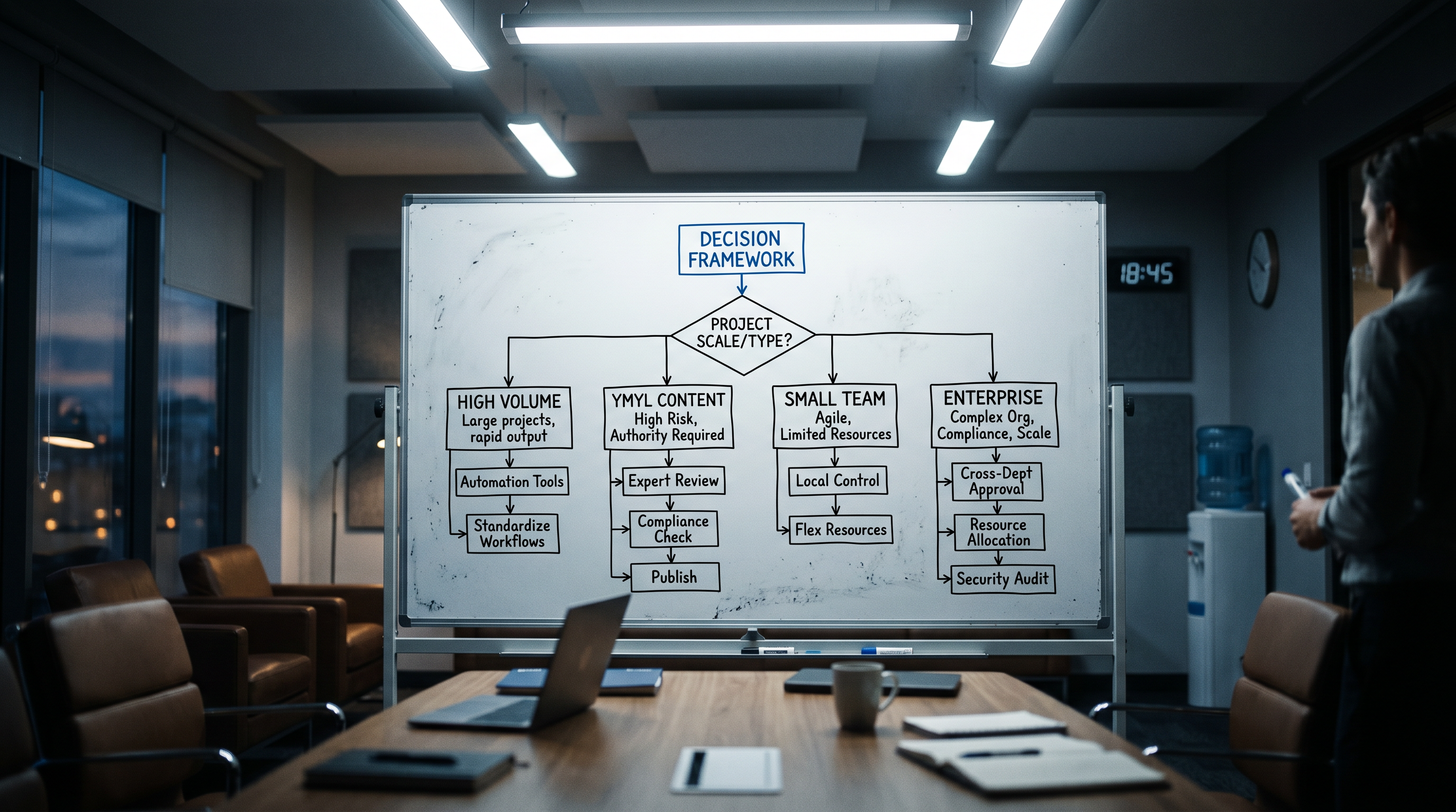 Clean decision framework flowchart on a whiteboard with branches labeled 'High Volume', 'YMYL Conten