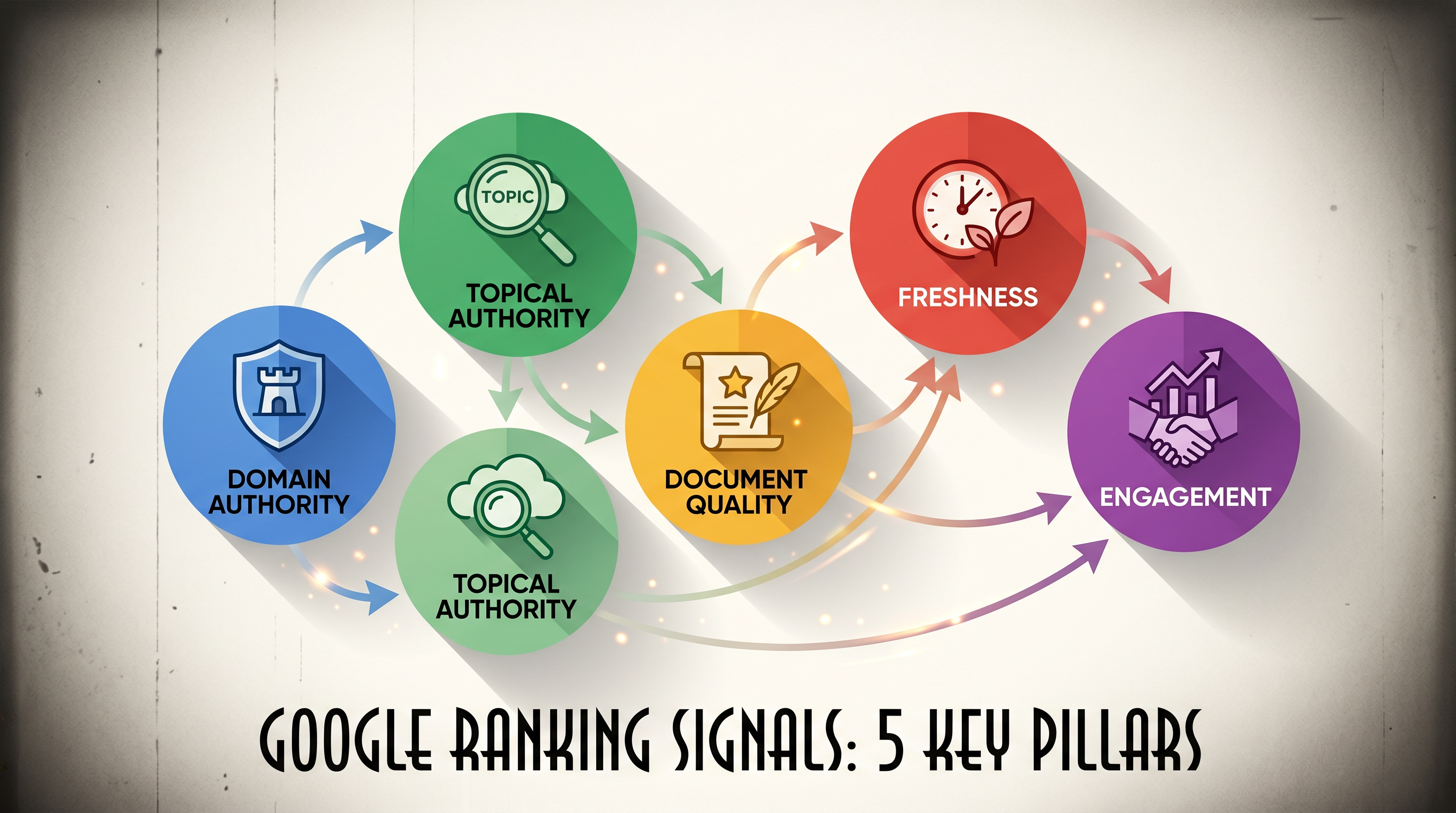 Infographic-style flat design showing five labeled circles representing Google ranking signals: Doma