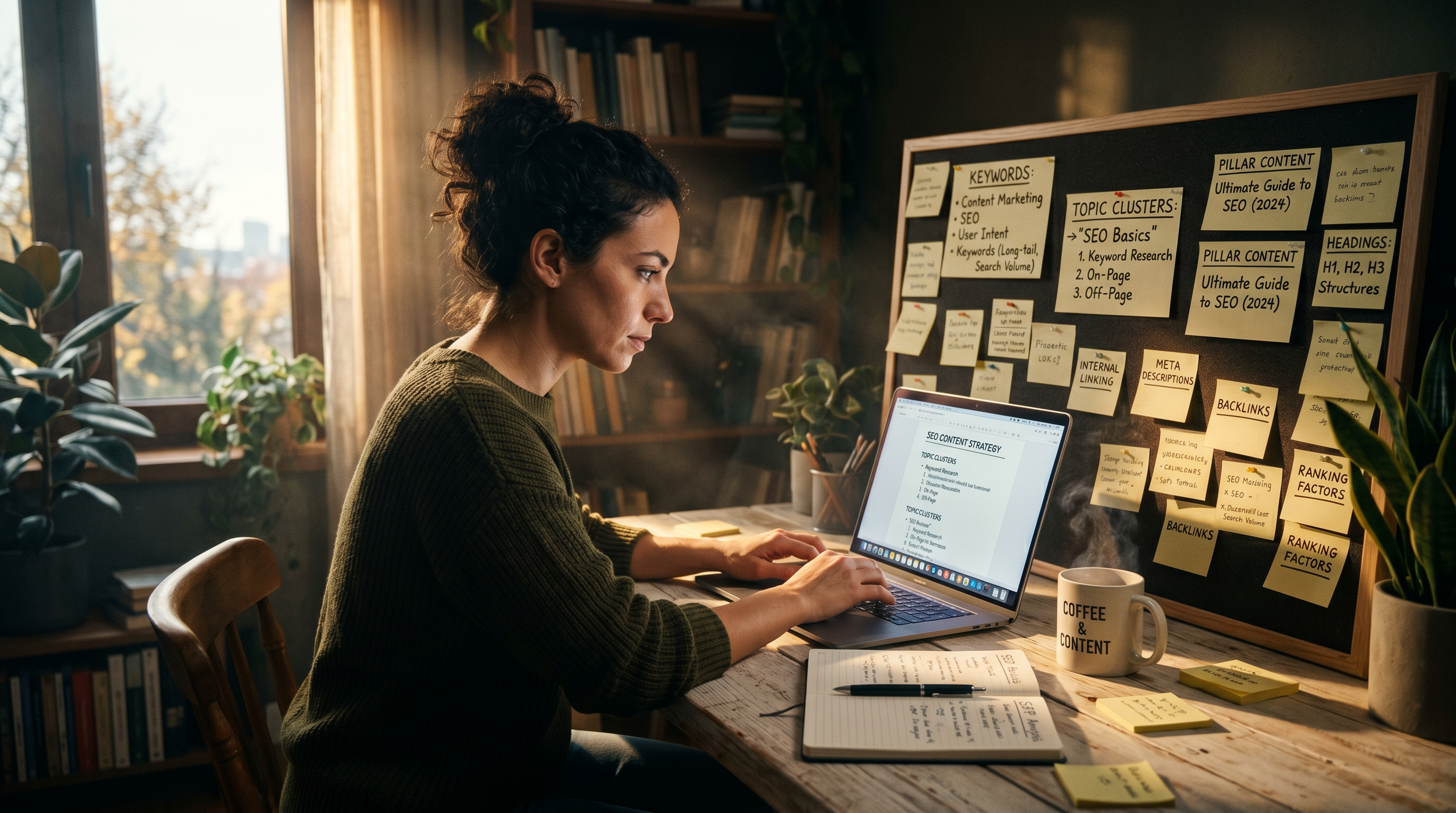 Person writing detailed SEO-optimized content on a laptop at a light wooden desk, surrounded by stic