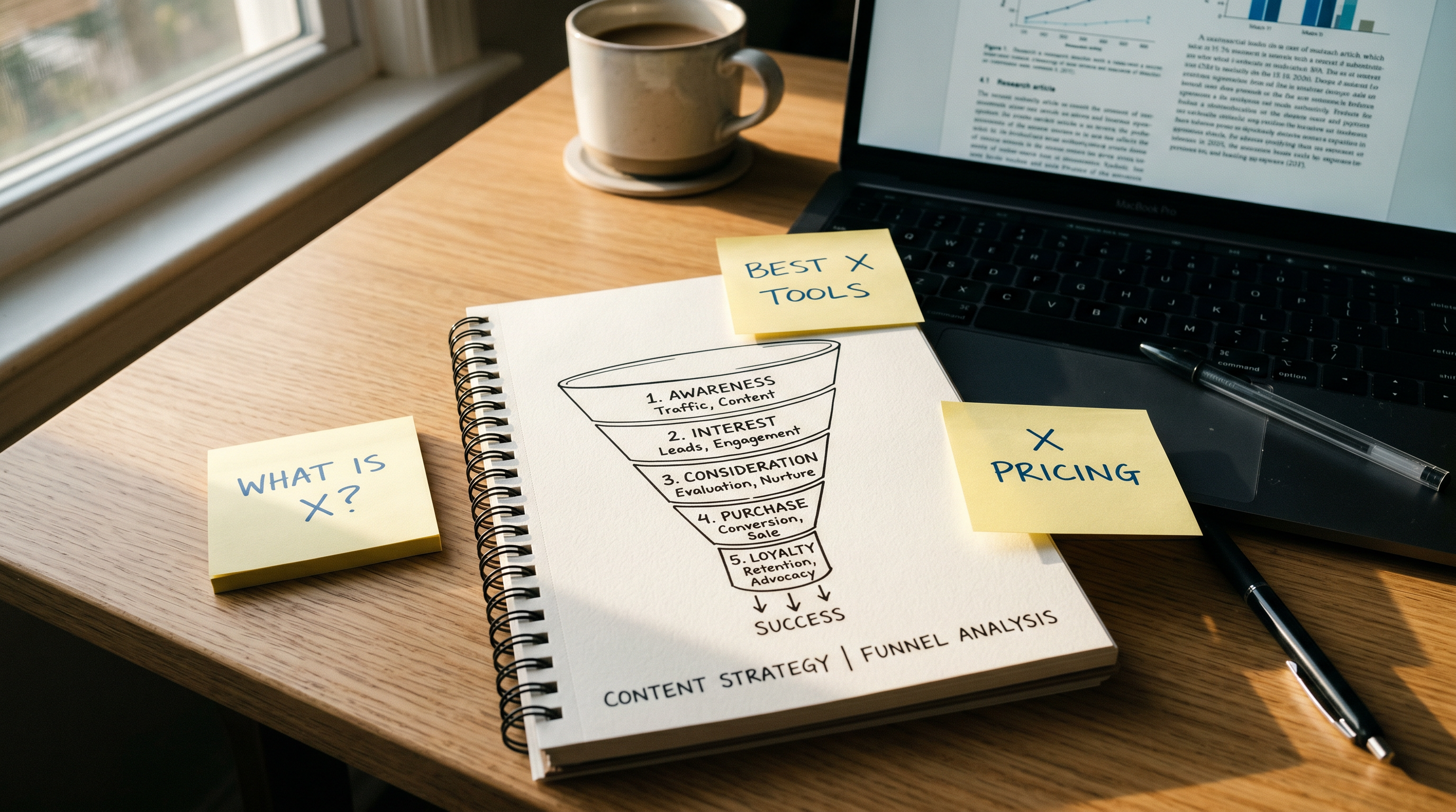Top-down view of a clean desk with a notepad showing a hand-drawn funnel diagram, sticky notes with 