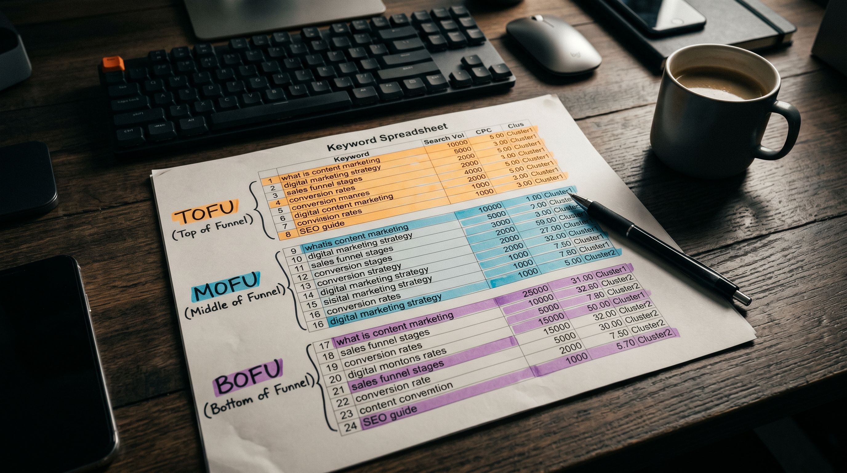 Flat-lay of printed keyword spreadsheet with colored highlighters grouping rows into clusters labele