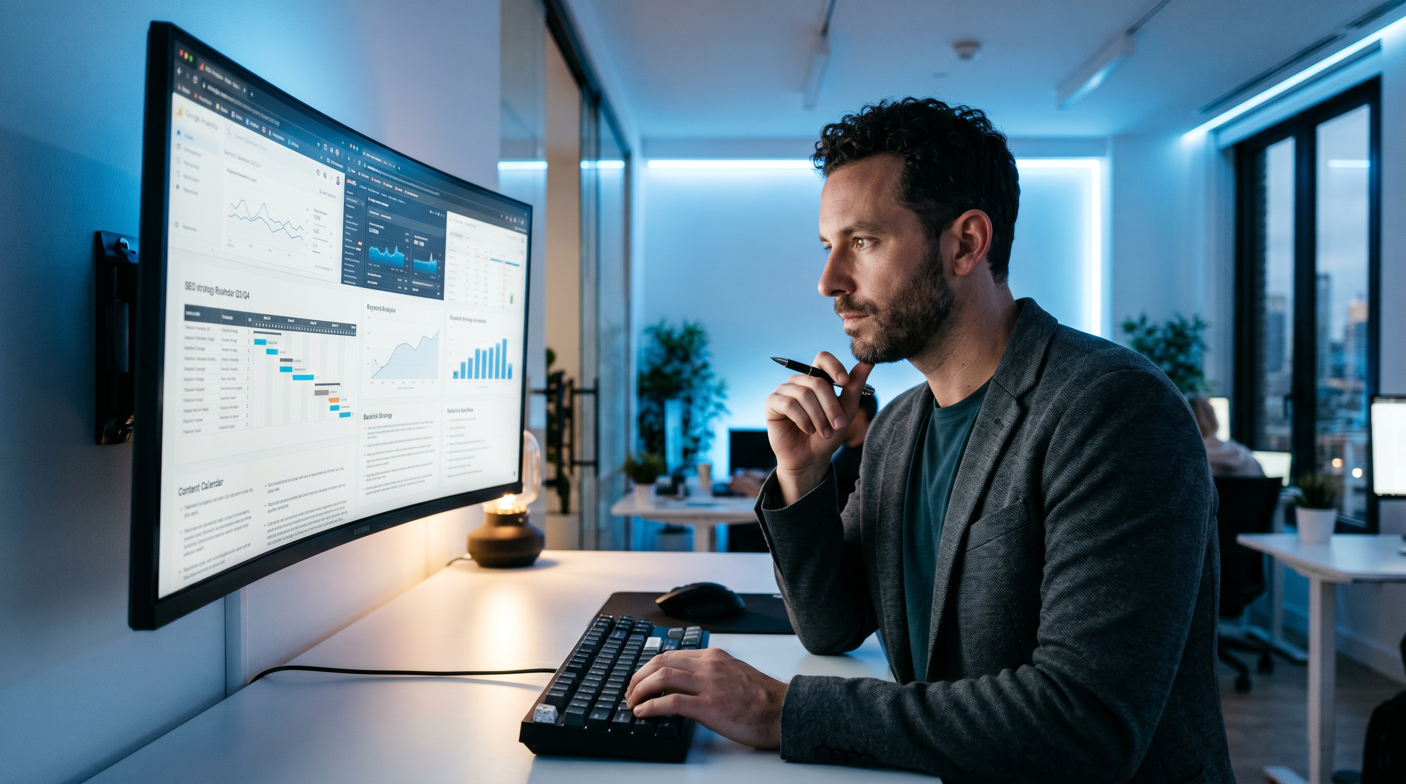 SaaS founder reviewing a detailed SEO strategy roadmap on a large monitor with multiple browser tabs