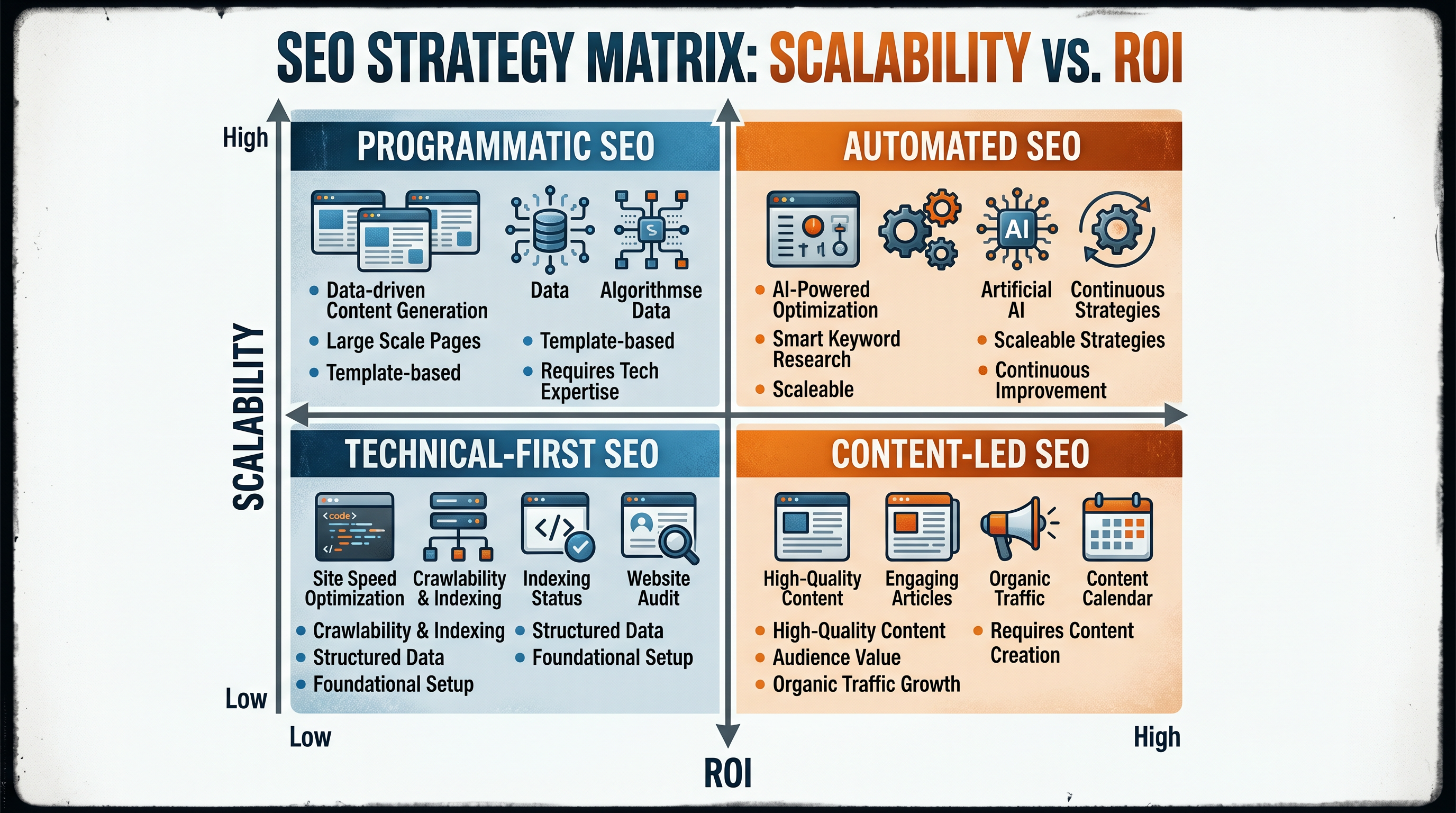 Four-quadrant strategy matrix diagram showing Content-Led, Programmatic, Technical-First, and Automa