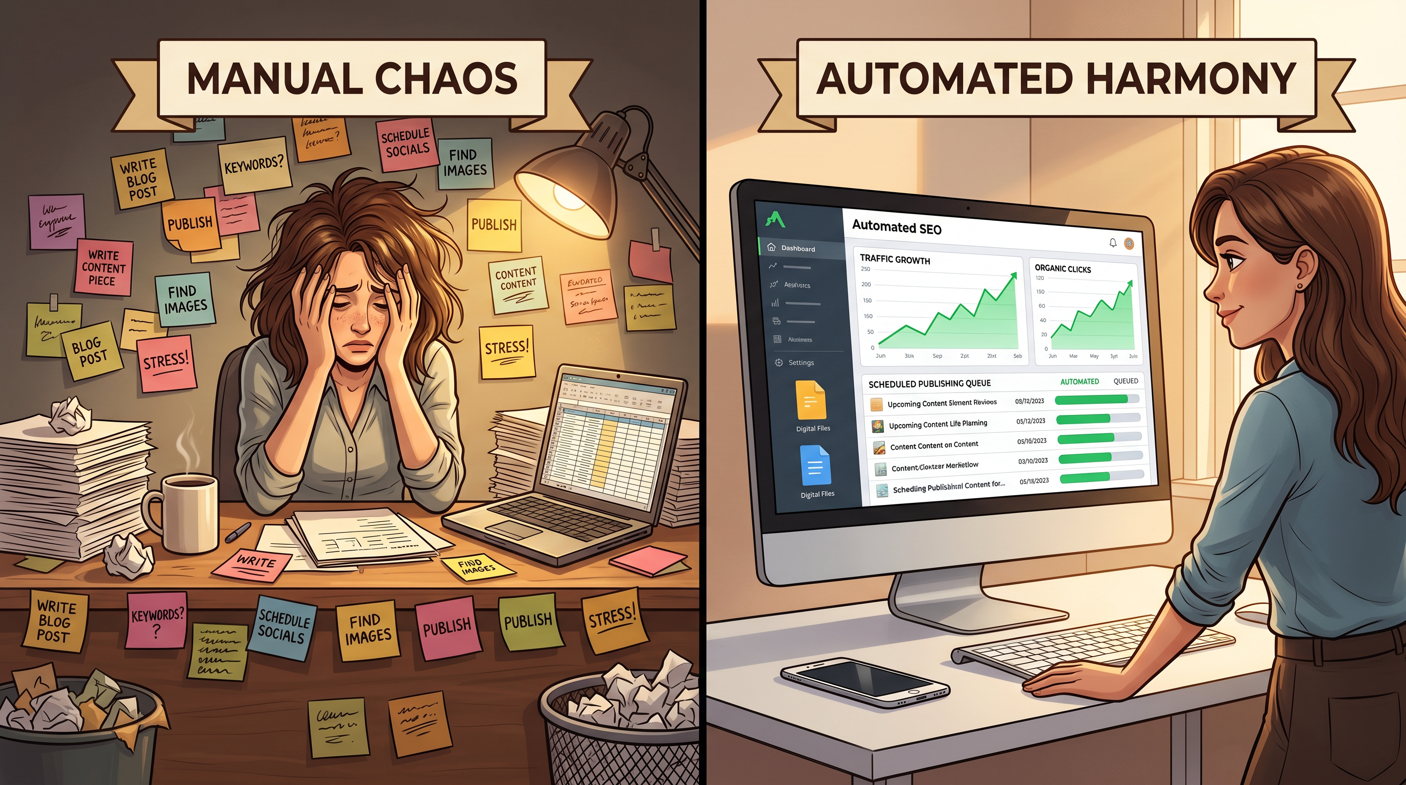 Split comparison image showing left side with a single overwhelmed content marketer at desk surround