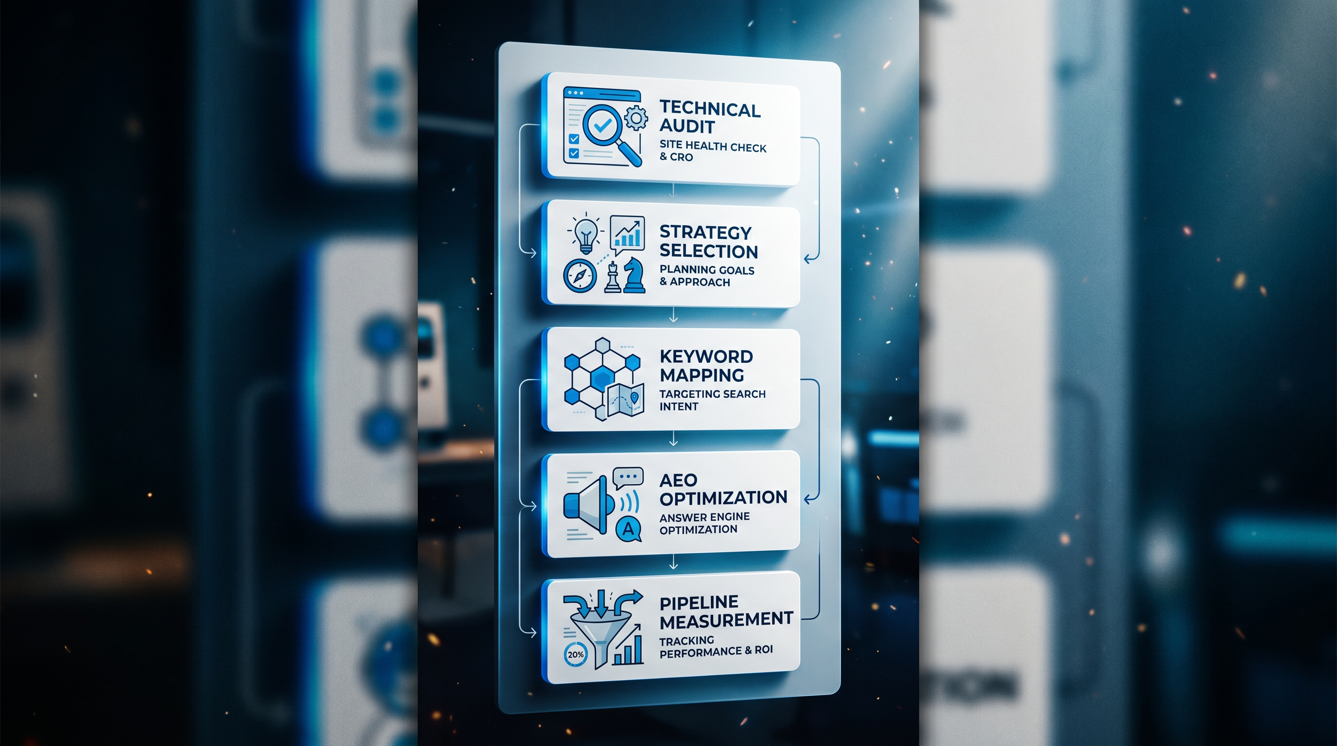 Five-step SEO execution framework displayed as a clean vertical process diagram with icons for each 