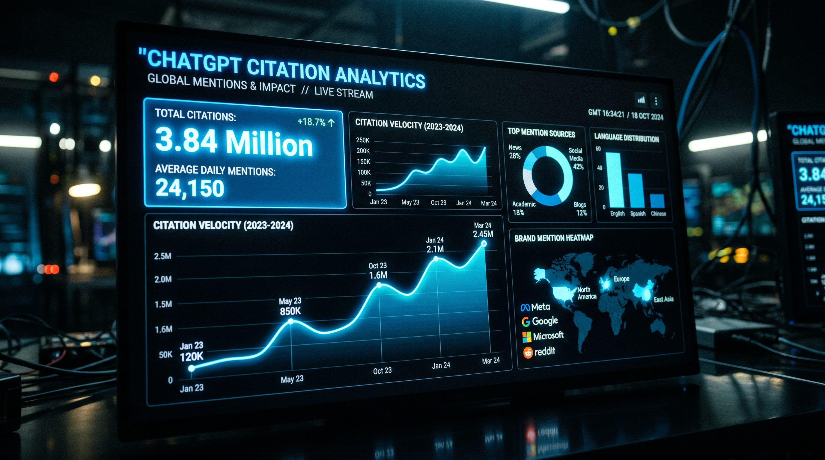 Futuristic digital dashboard showing ChatGPT citation analytics, glowing blue graphs and brand menti