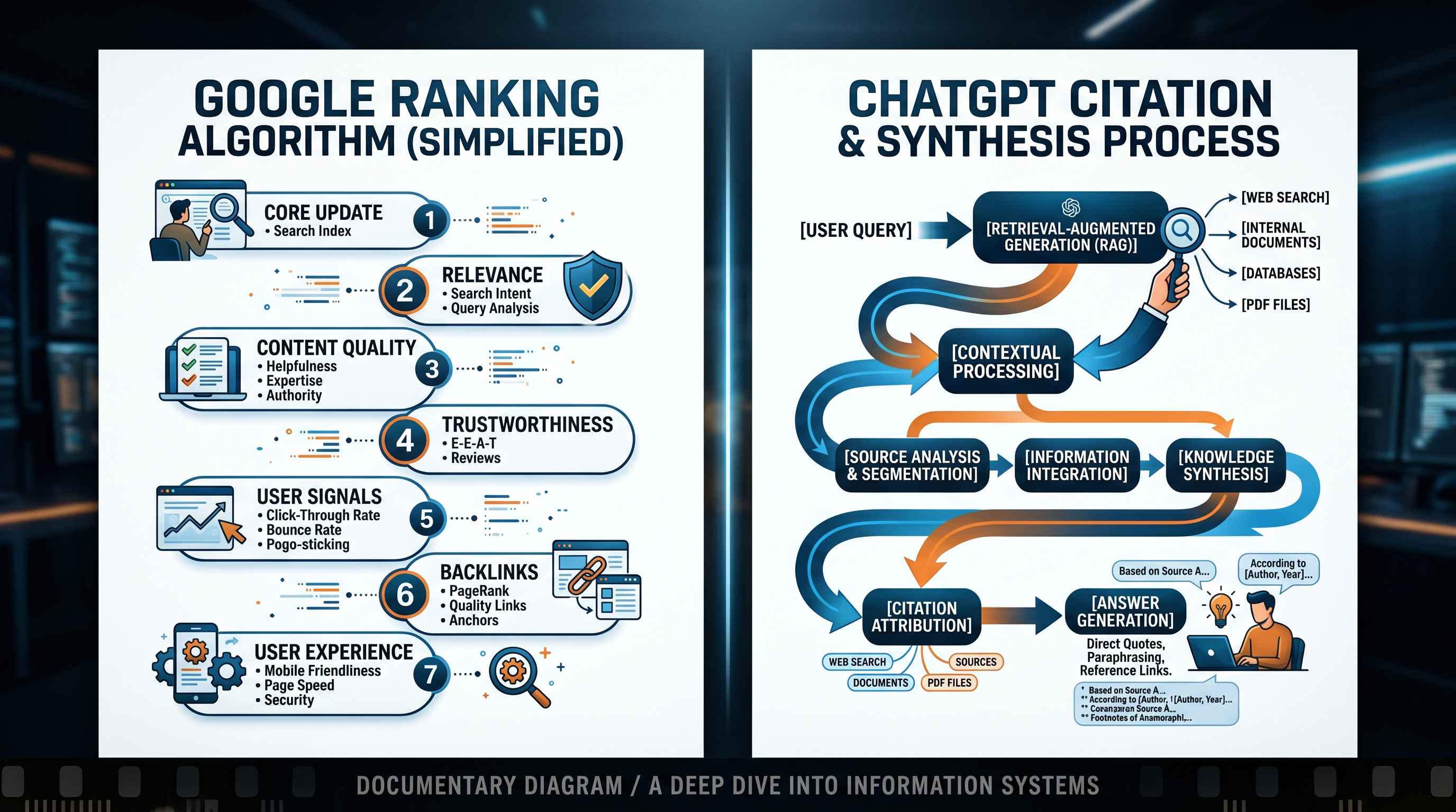 Split-screen diagram showing Google ranking algorithm on left side with numbered list, and ChatGPT c