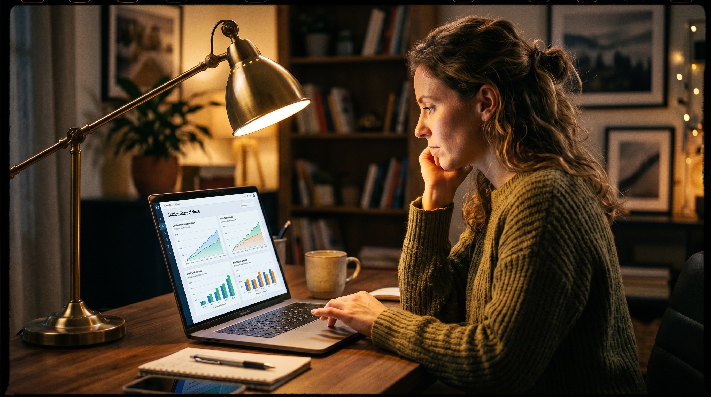Person reviewing AI brand citation dashboard on laptop screen with text 'Citation Share of Voice', c