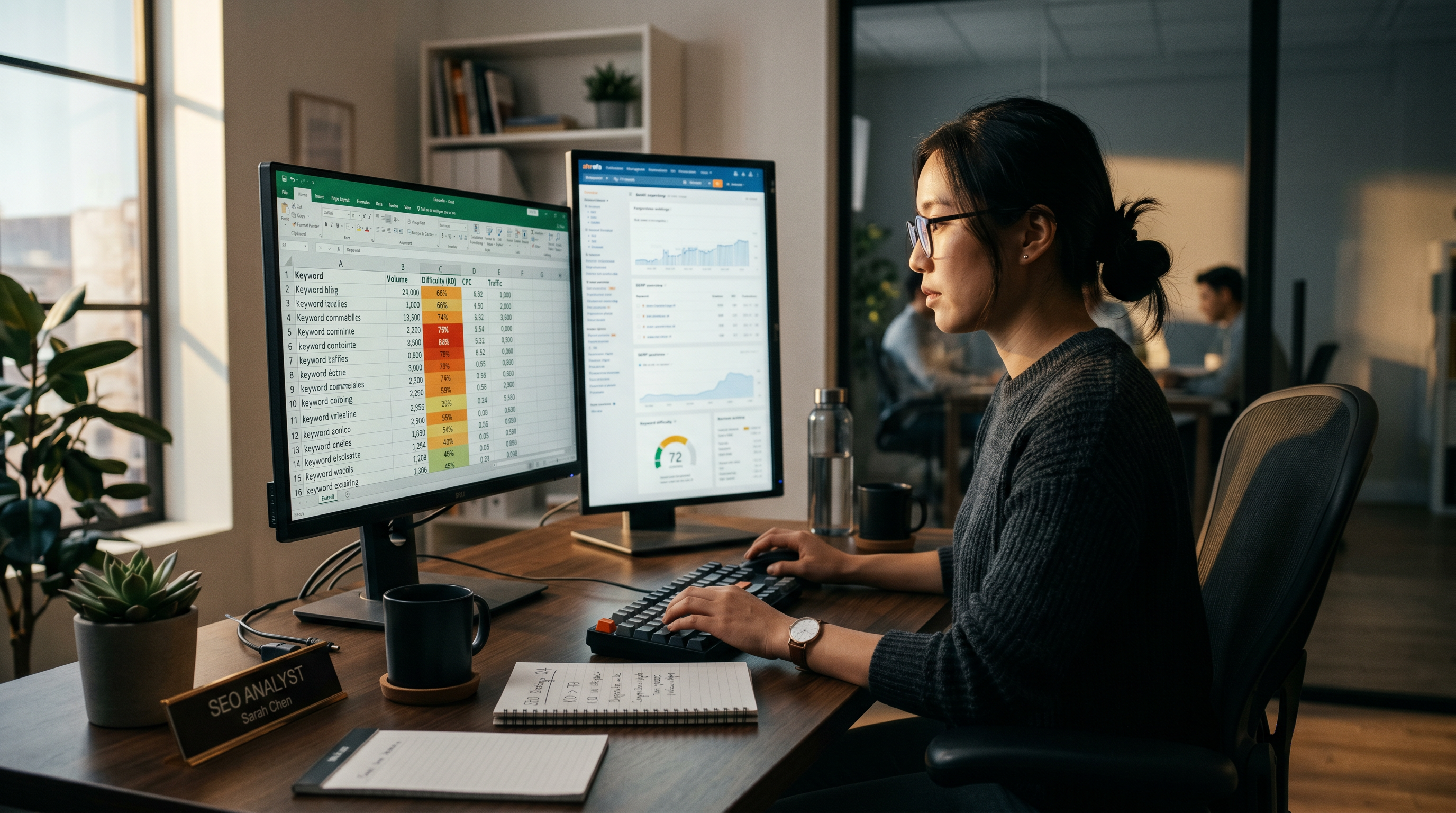 SEO analyst sitting at a modern desk reviewing keyword difficulty scores on a dual-monitor setup, sp