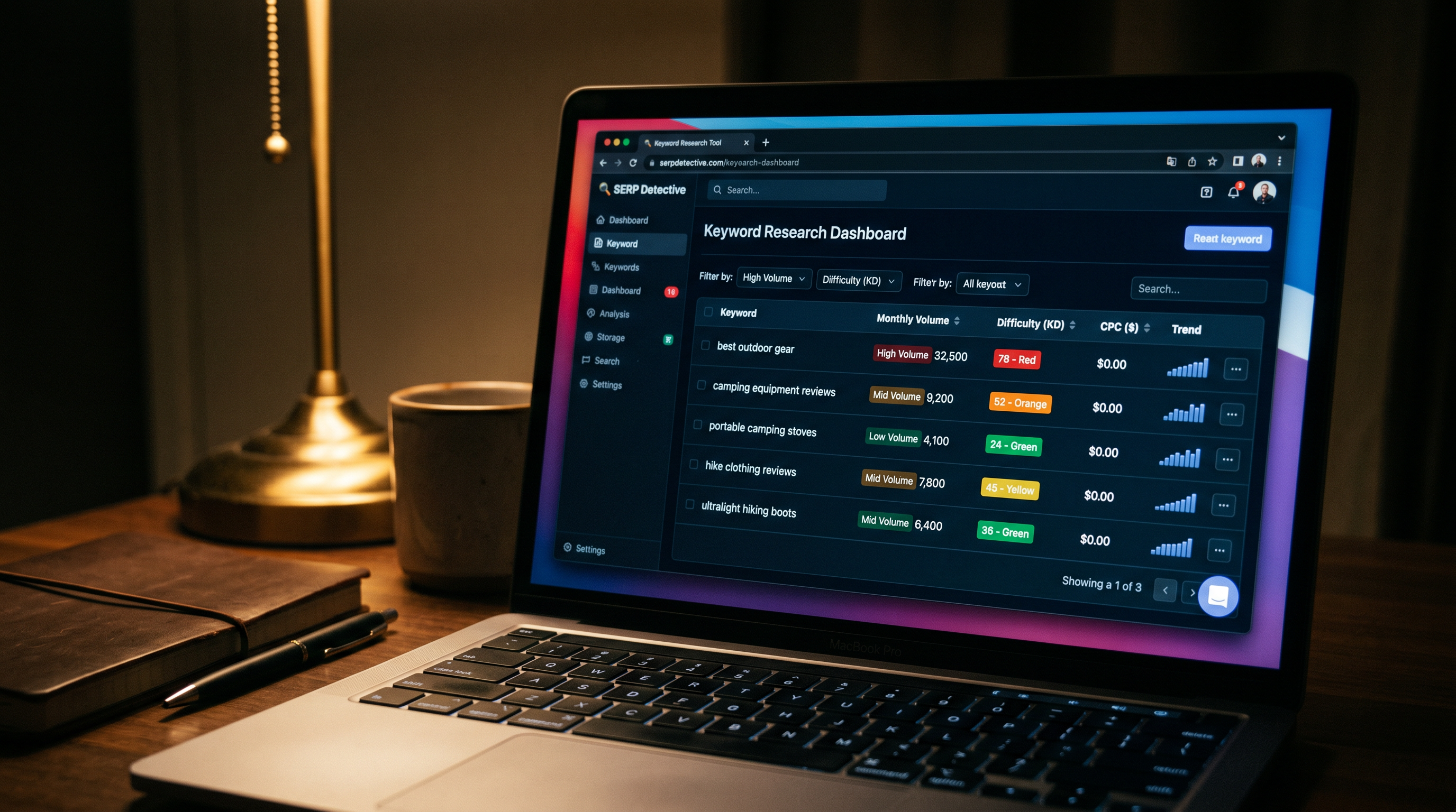 Close-up of a laptop screen showing a keyword research tool dashboard with color-coded difficulty sc