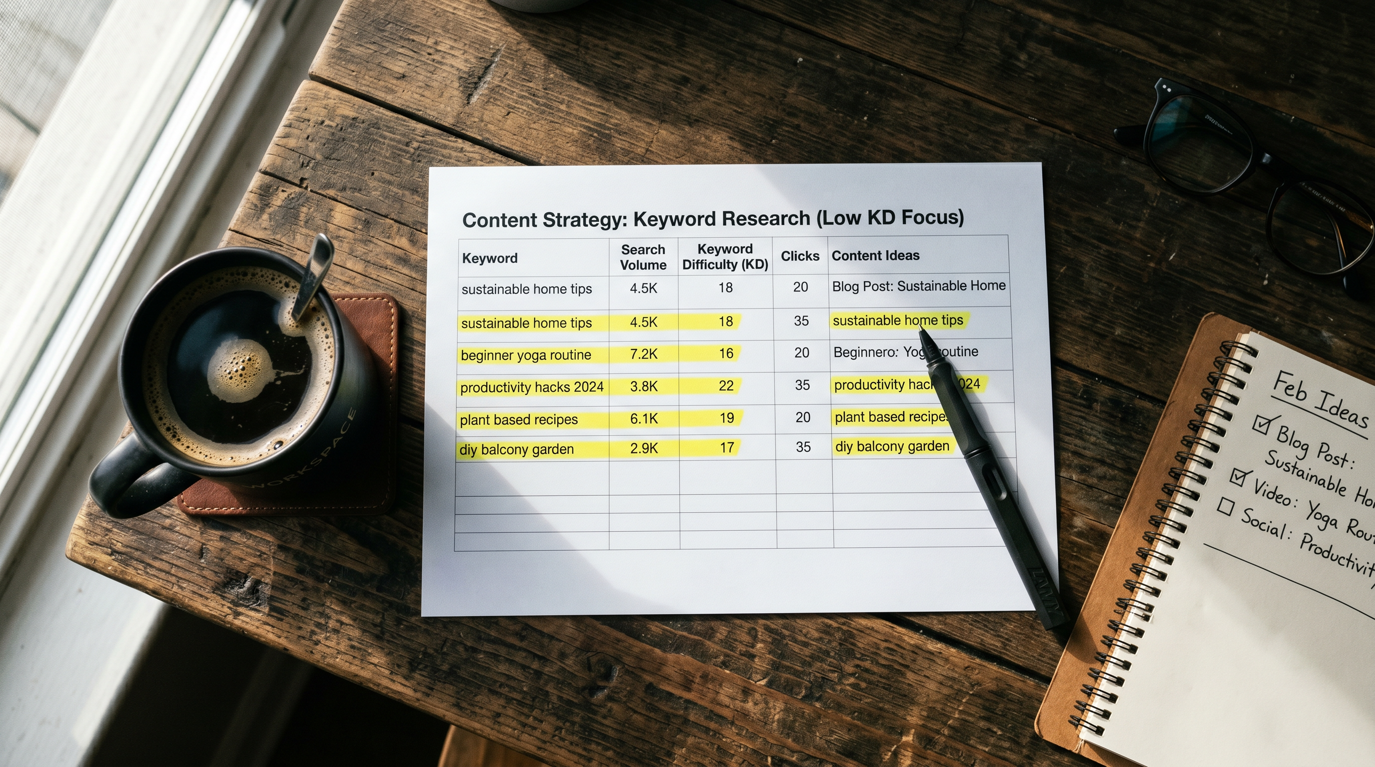 Flat lay of a content planning workspace with a printed keyword research spreadsheet, highlighted ro