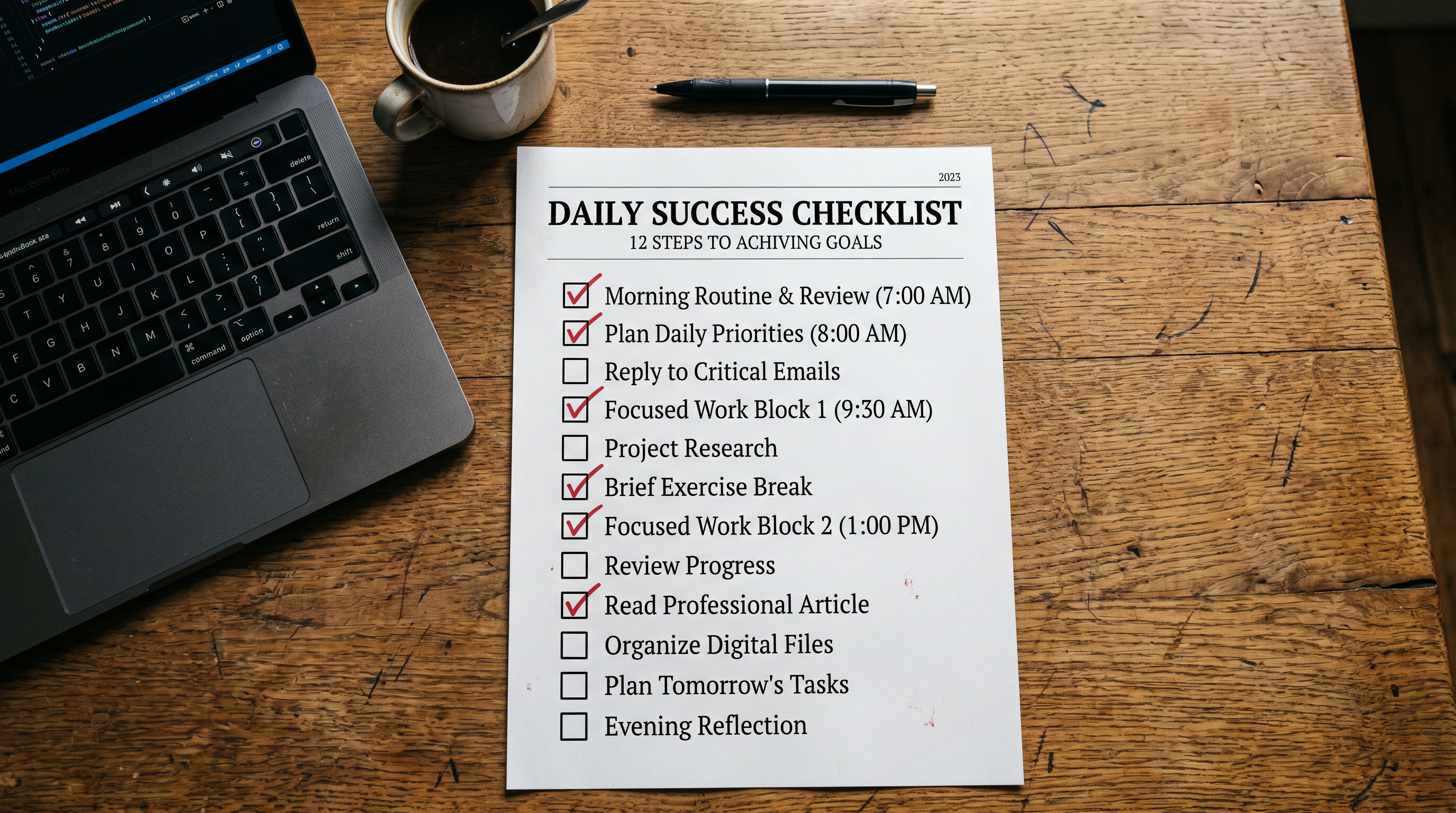 Overhead flat lay of a printed 12-step checklist on white paper with checkboxes, some boxes checked