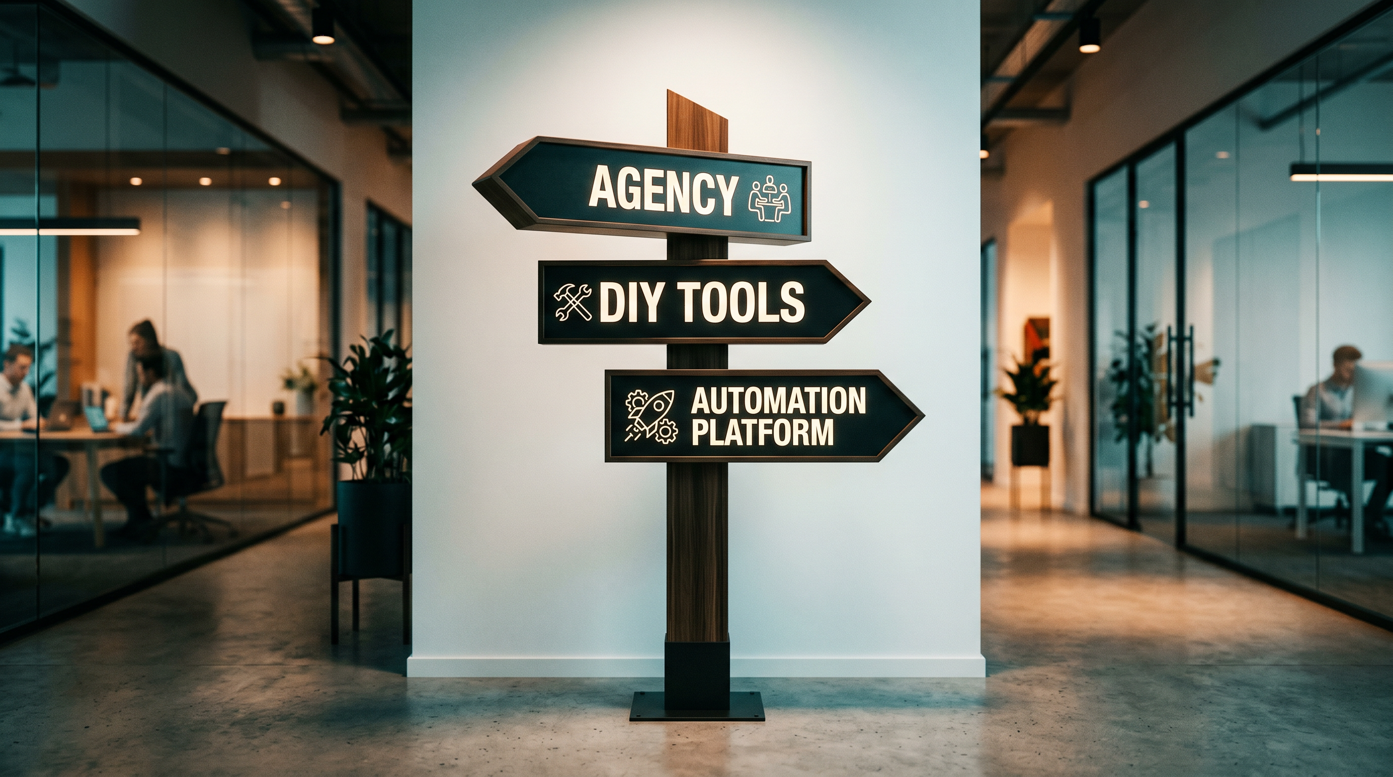Three distinct paths on a split road sign in a modern office setting, each path labeled 'Agency', 'D