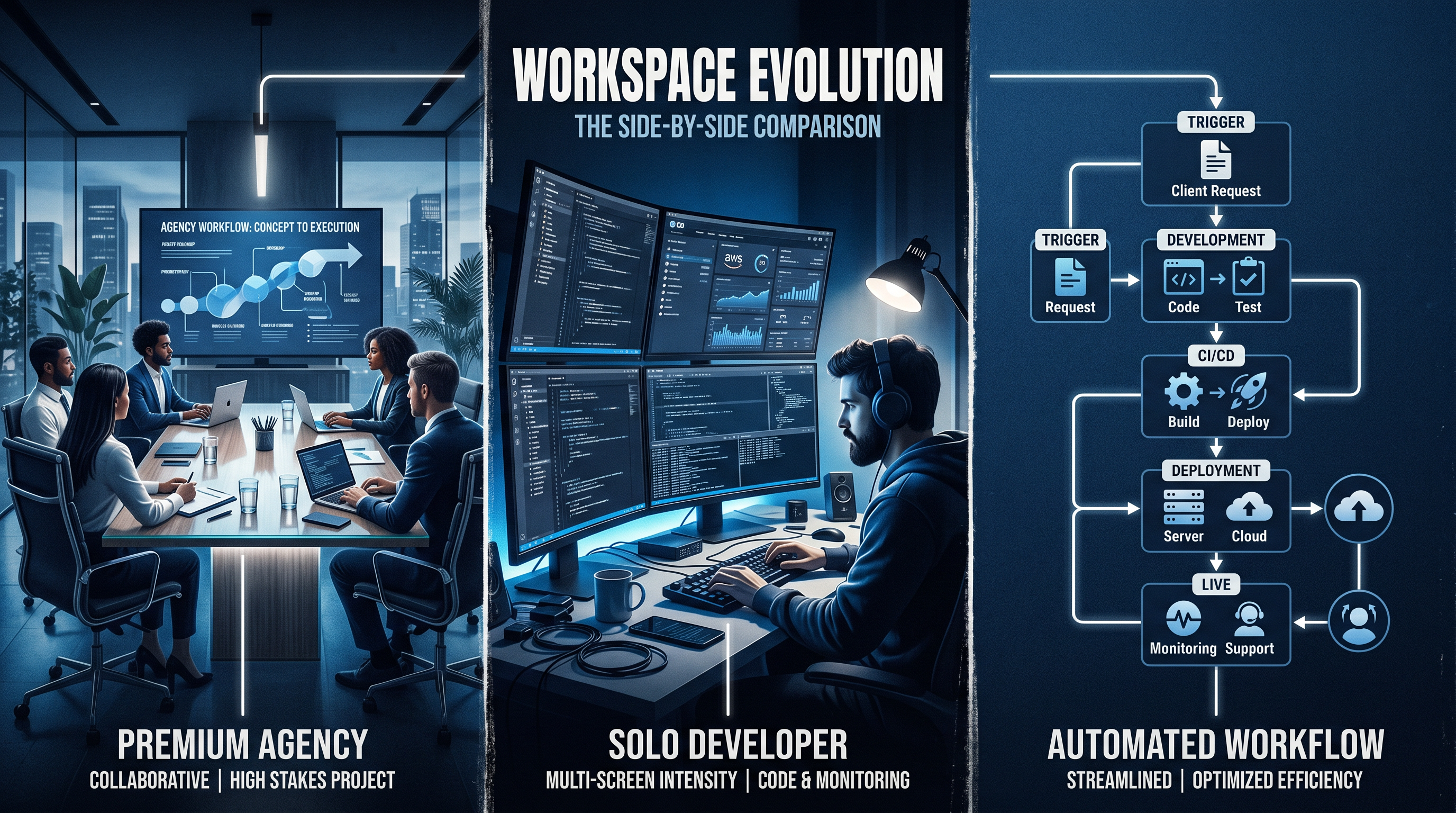 Side-by-side comparison of three workspace setups: a premium agency meeting room, a solo developer w