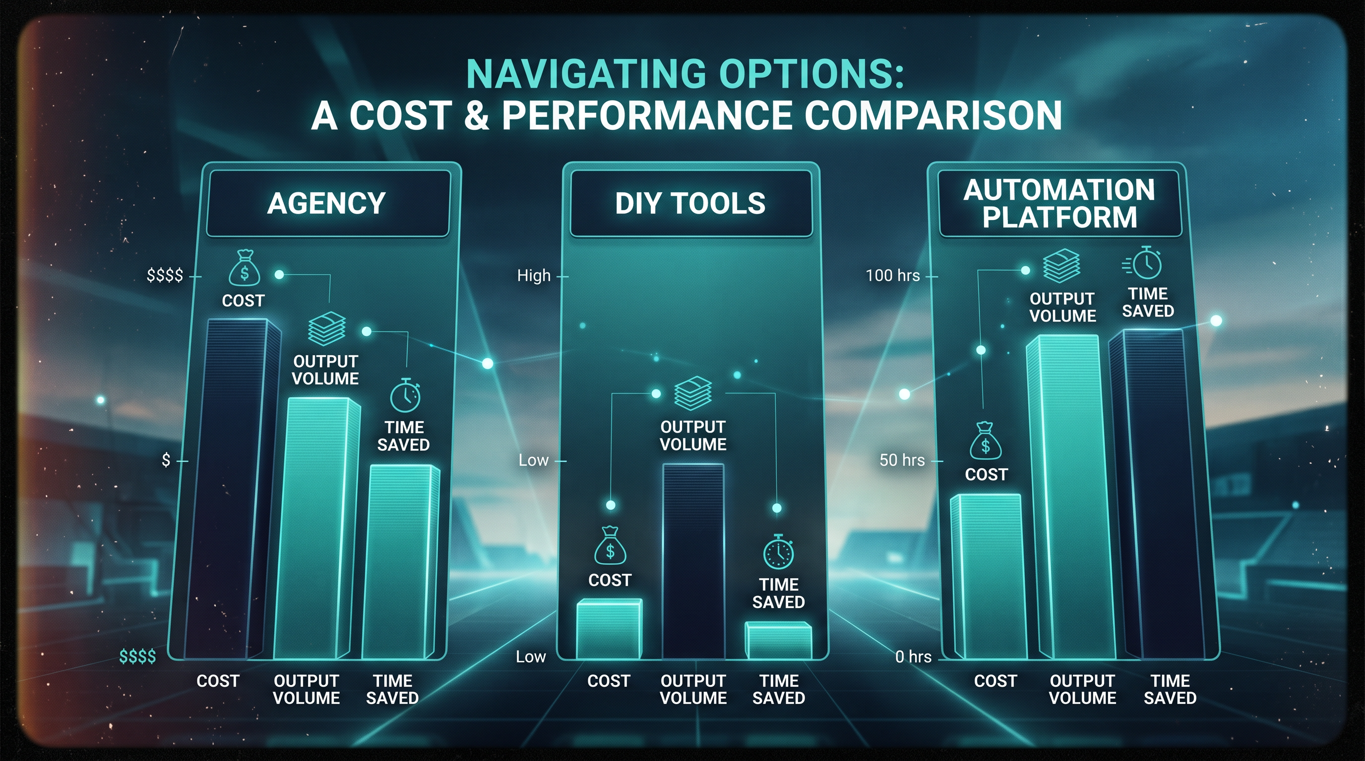 Clean data visualization comparing three bar charts labeled 'Agency', 'DIY Tools', and 'Automation P