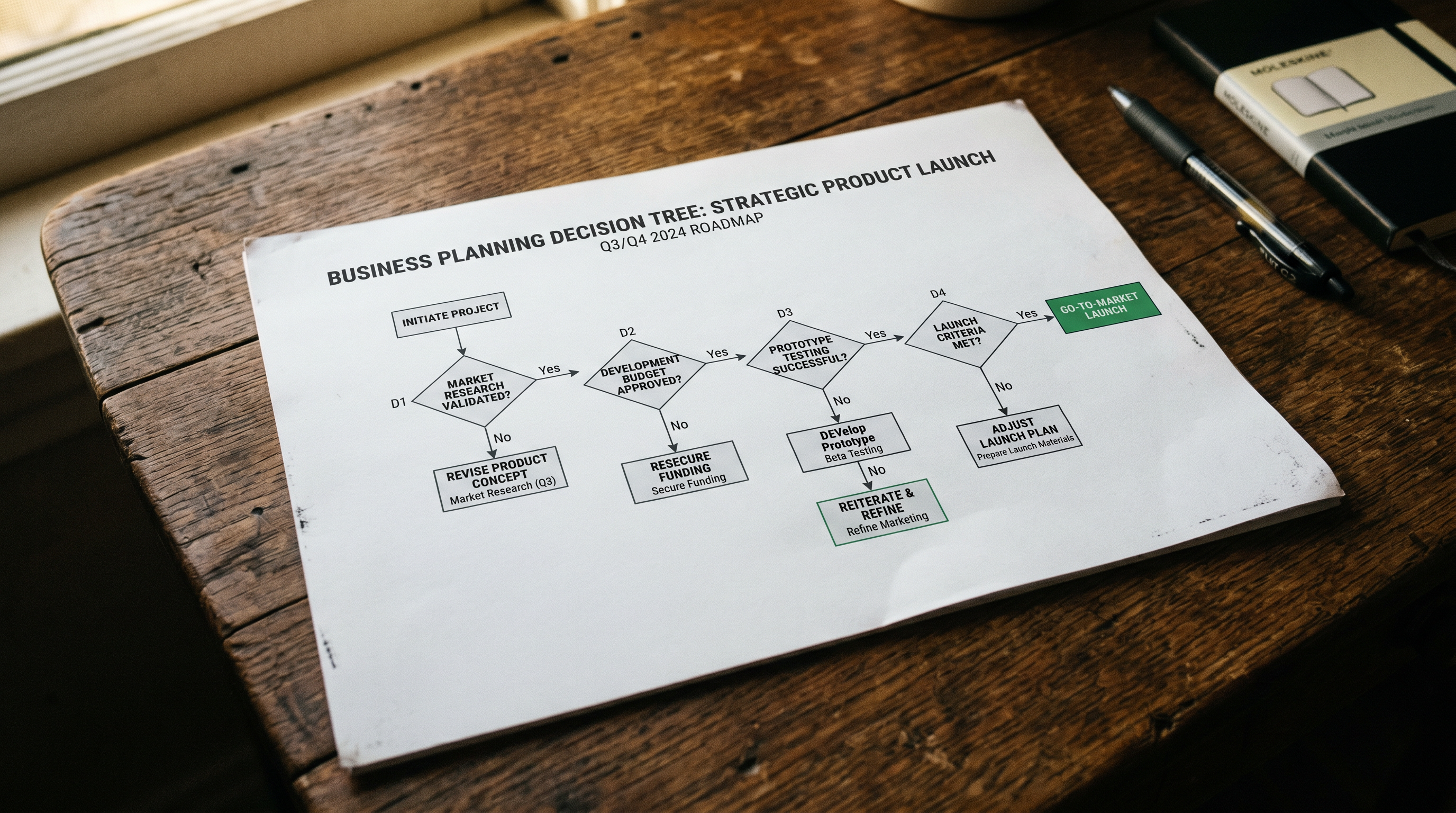 Flowchart decision tree diagram printed on clean white paper on a wooden desk, showing four decision