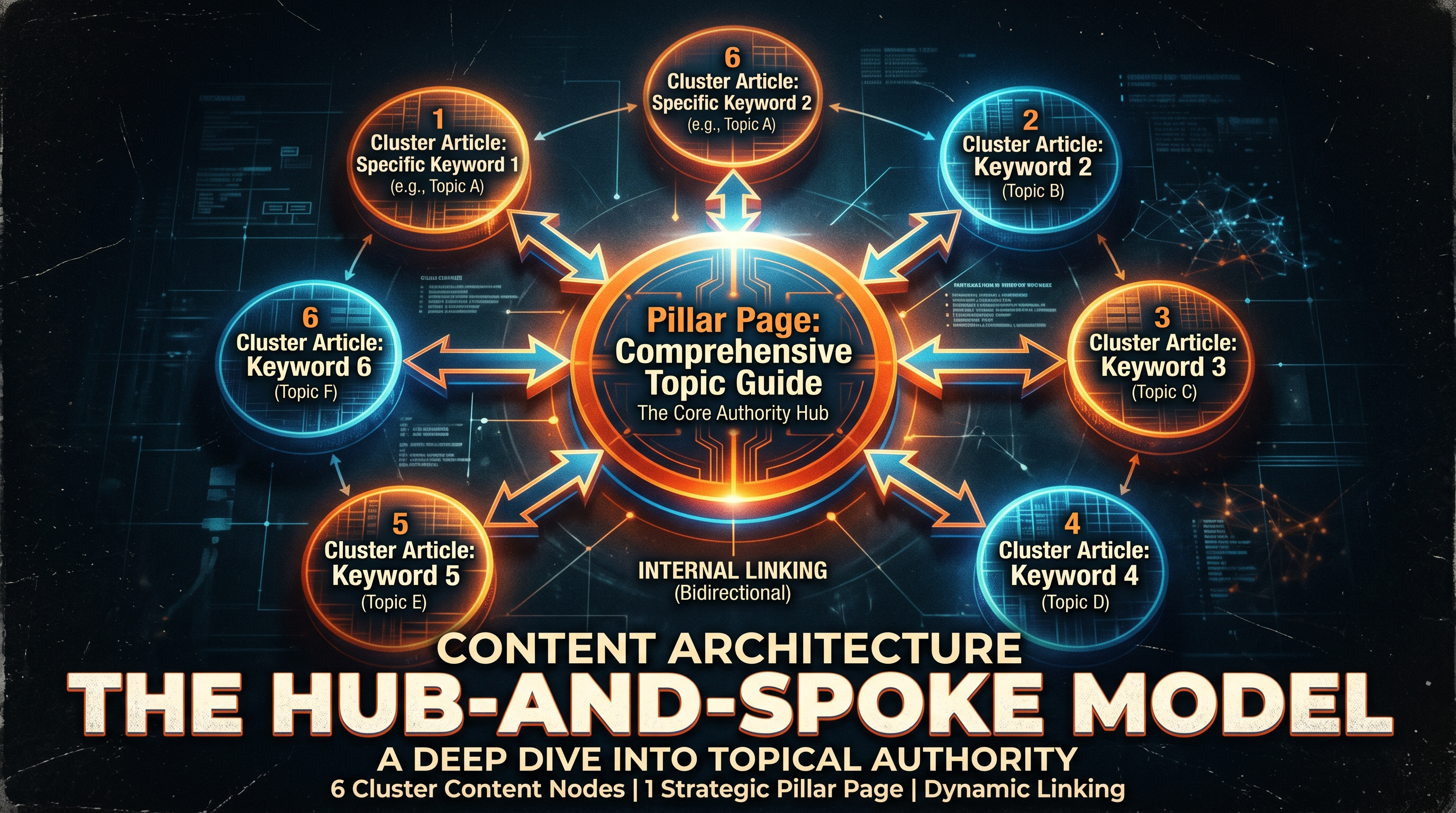 Diagram showing a hub-and-spoke content architecture with a central pillar page connected to 6 surro