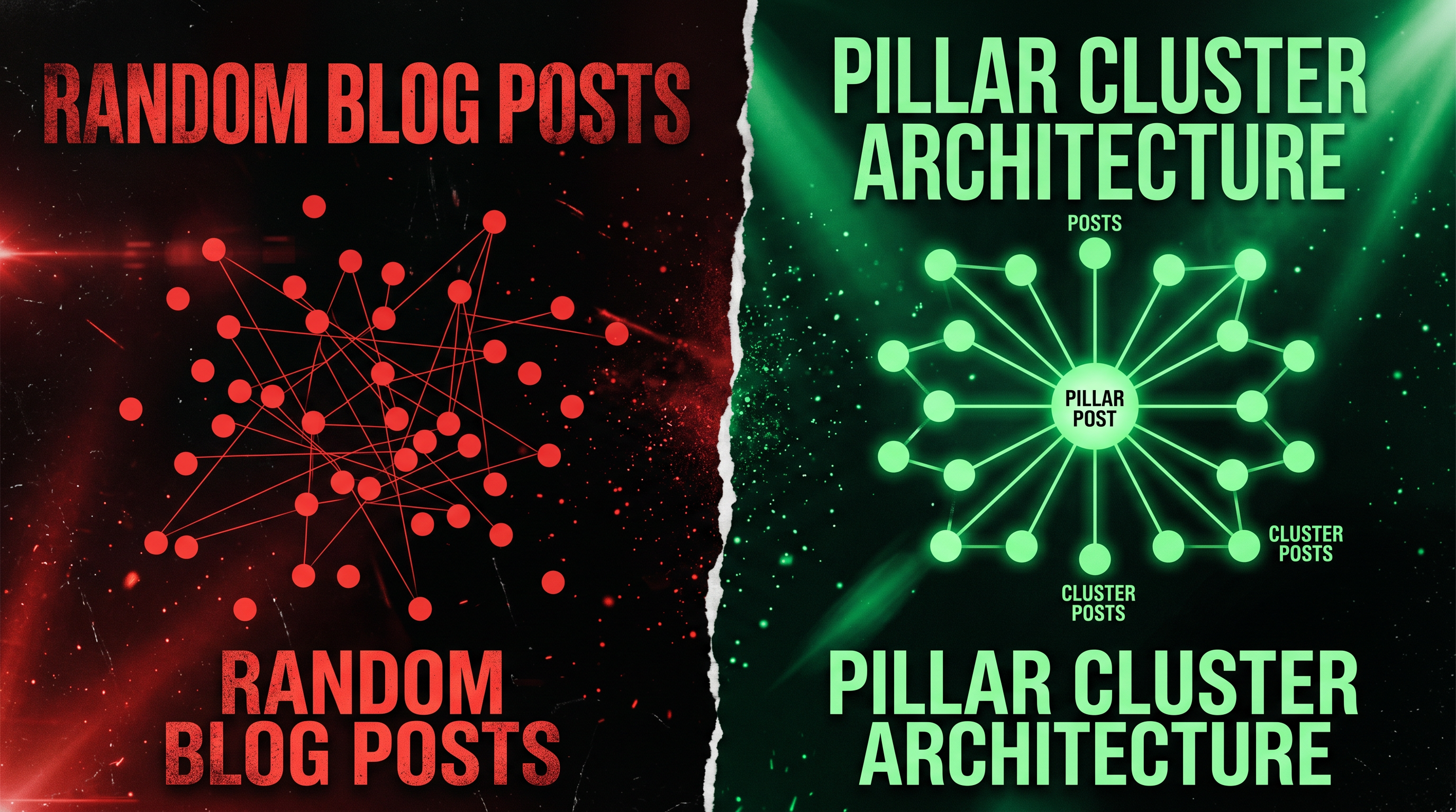 Split comparison showing a chaotic scatter plot of unconnected blog posts labeled 'Random Blog Posts