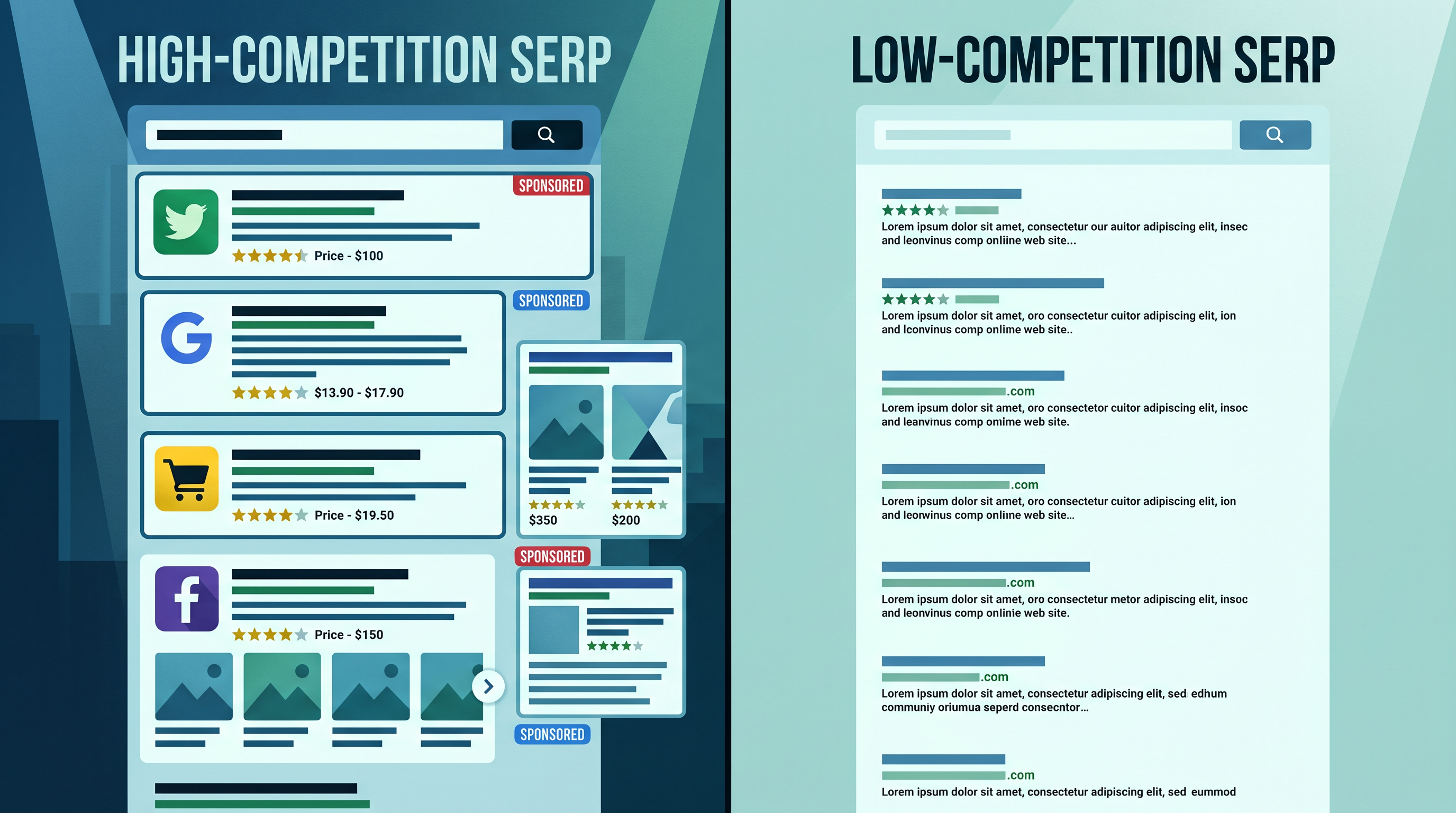 Split-screen comparison showing a cluttered high-competition SERP with big brand logos versus a clea