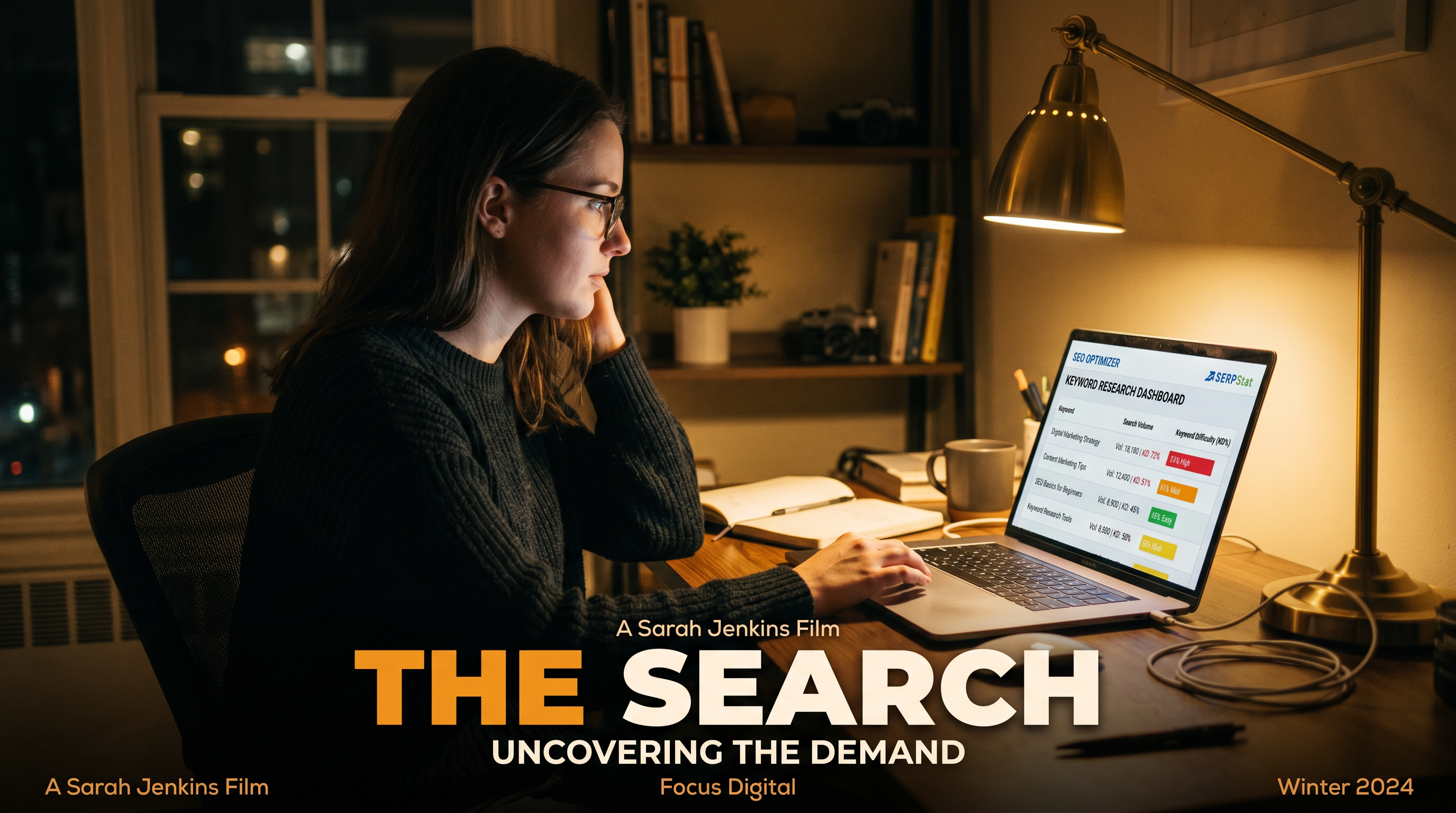 Person at a laptop viewing a keyword research dashboard with colored difficulty score bars and searc