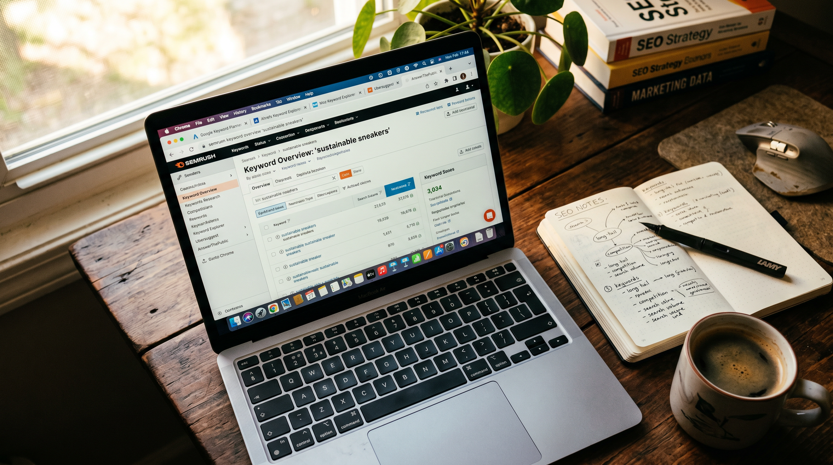 Flat-lay of keyword research tools shown as browser tabs on a modern laptop screen with a notebook a