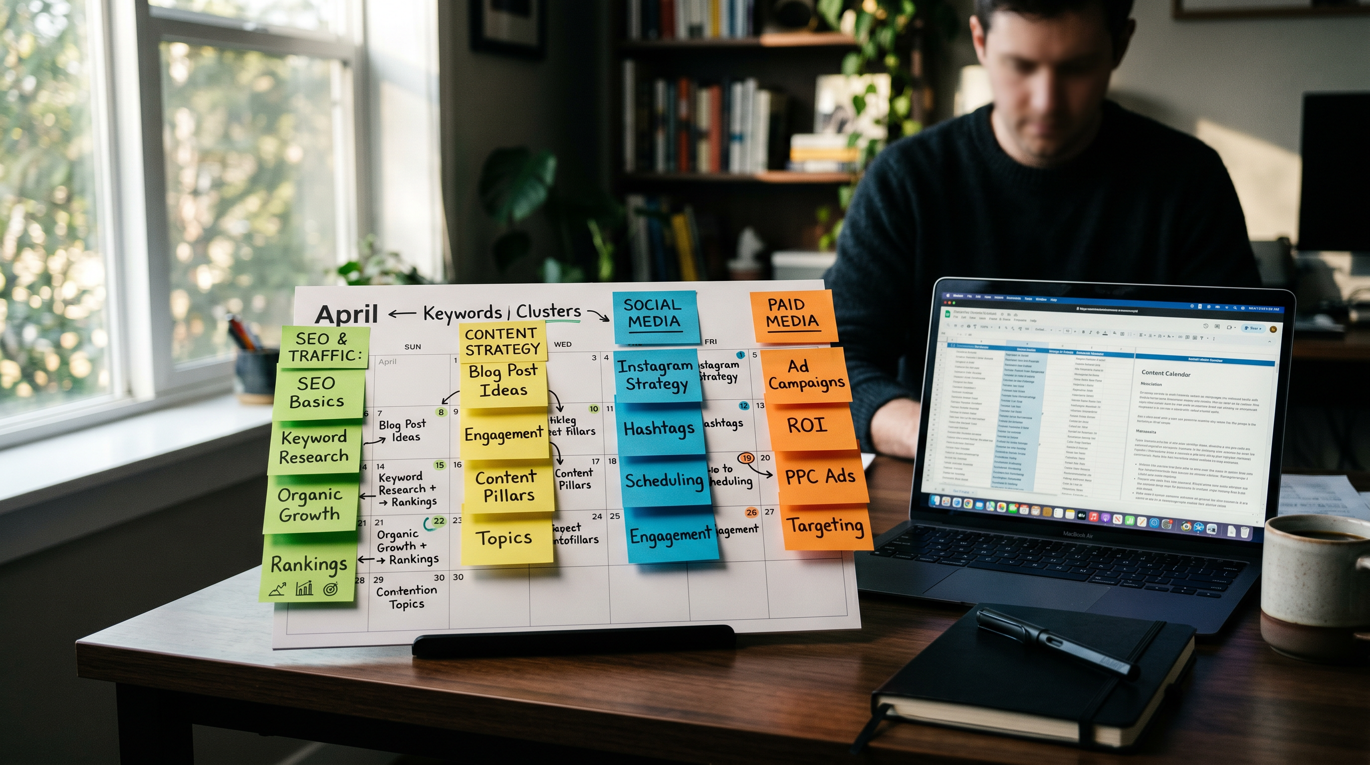 Clean content calendar on a desk with keyword clusters mapped out in color-coded sticky notes, organ