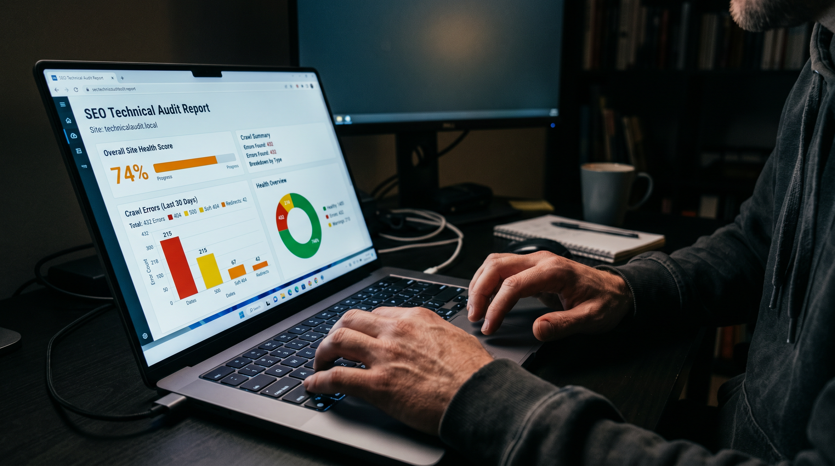Photorealistic close-up of a laptop screen displaying an SEO technical audit report with color-coded