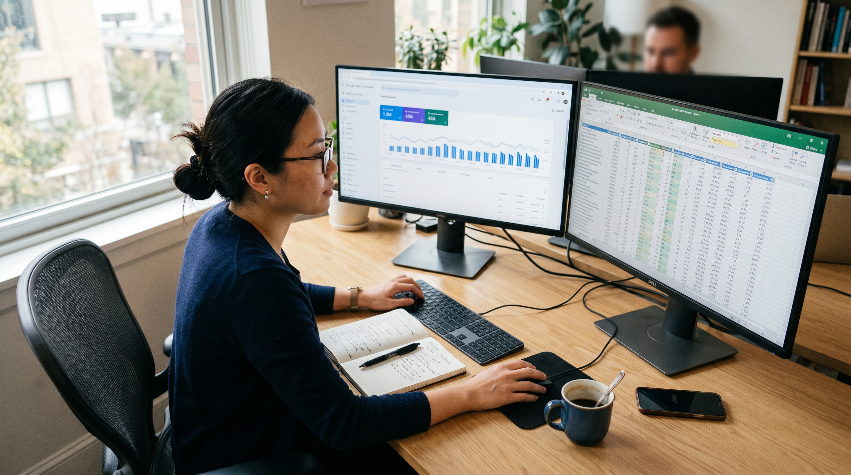 Photorealistic overhead shot of a SaaS marketer reviewing SEO performance metrics on dual monitors,