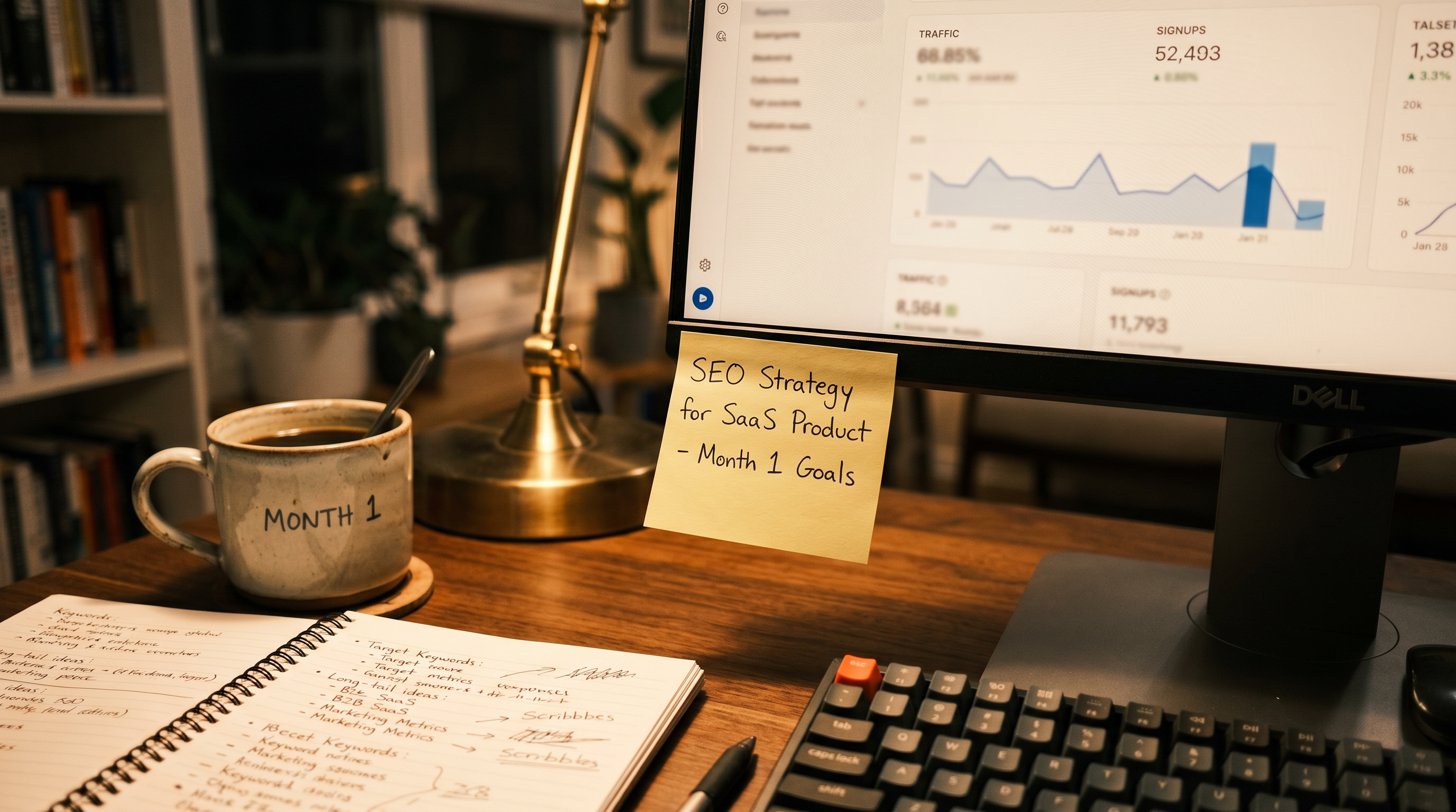 Photorealistic close-up of a sticky note on a monitor that reads 'SEO Strategy for SaaS Product - Mo