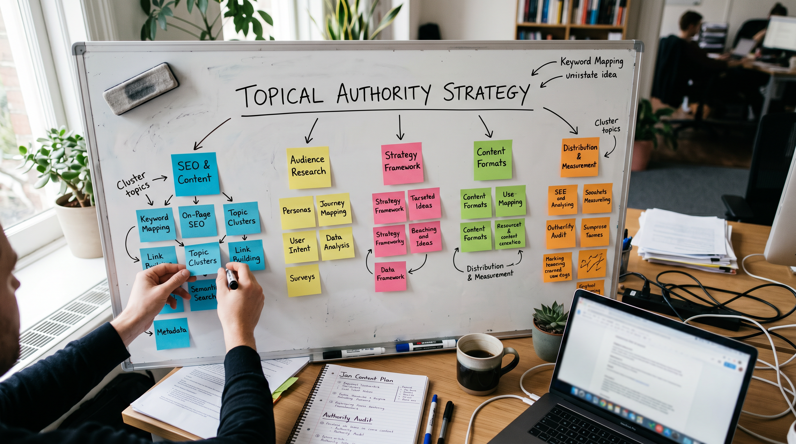 Photorealistic overhead shot of a content strategist's desk with a large whiteboard showing a topic 