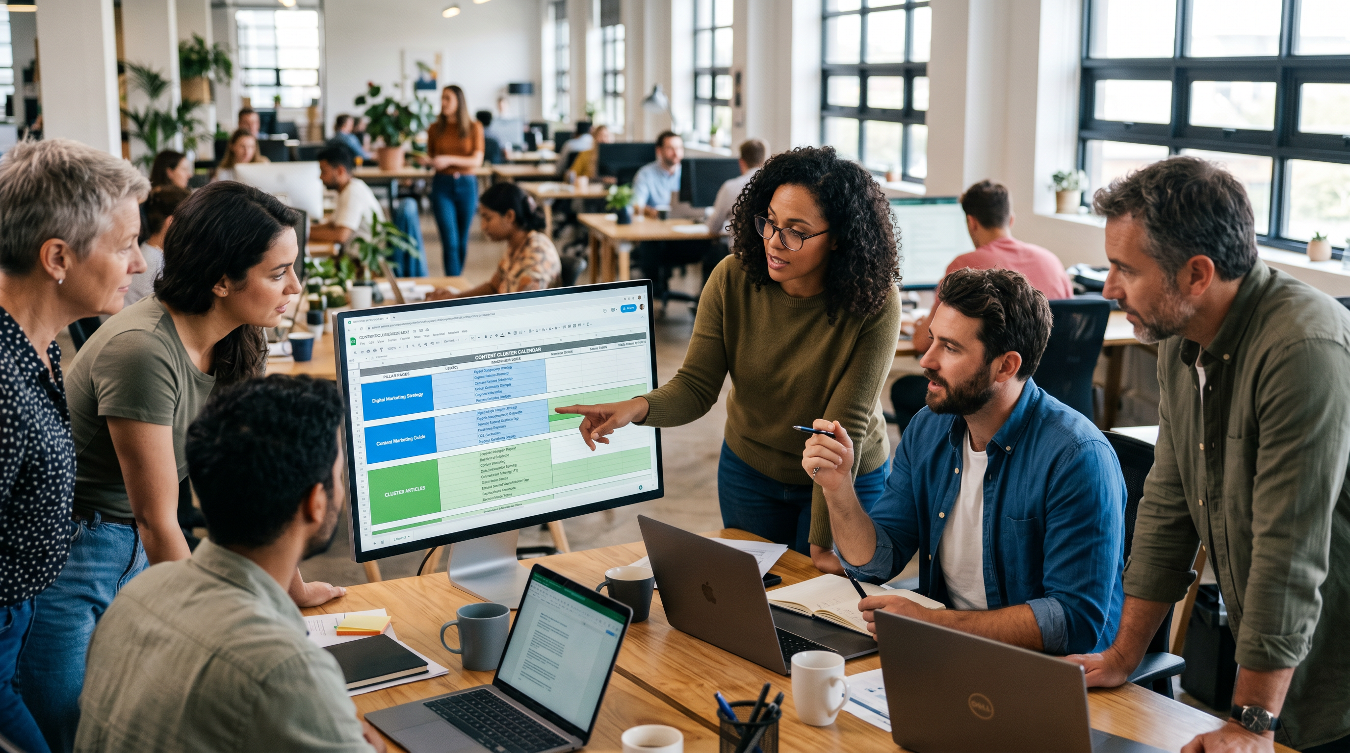 Photorealistic wide shot of a content team in a modern open-plan office gathered around a monitor di