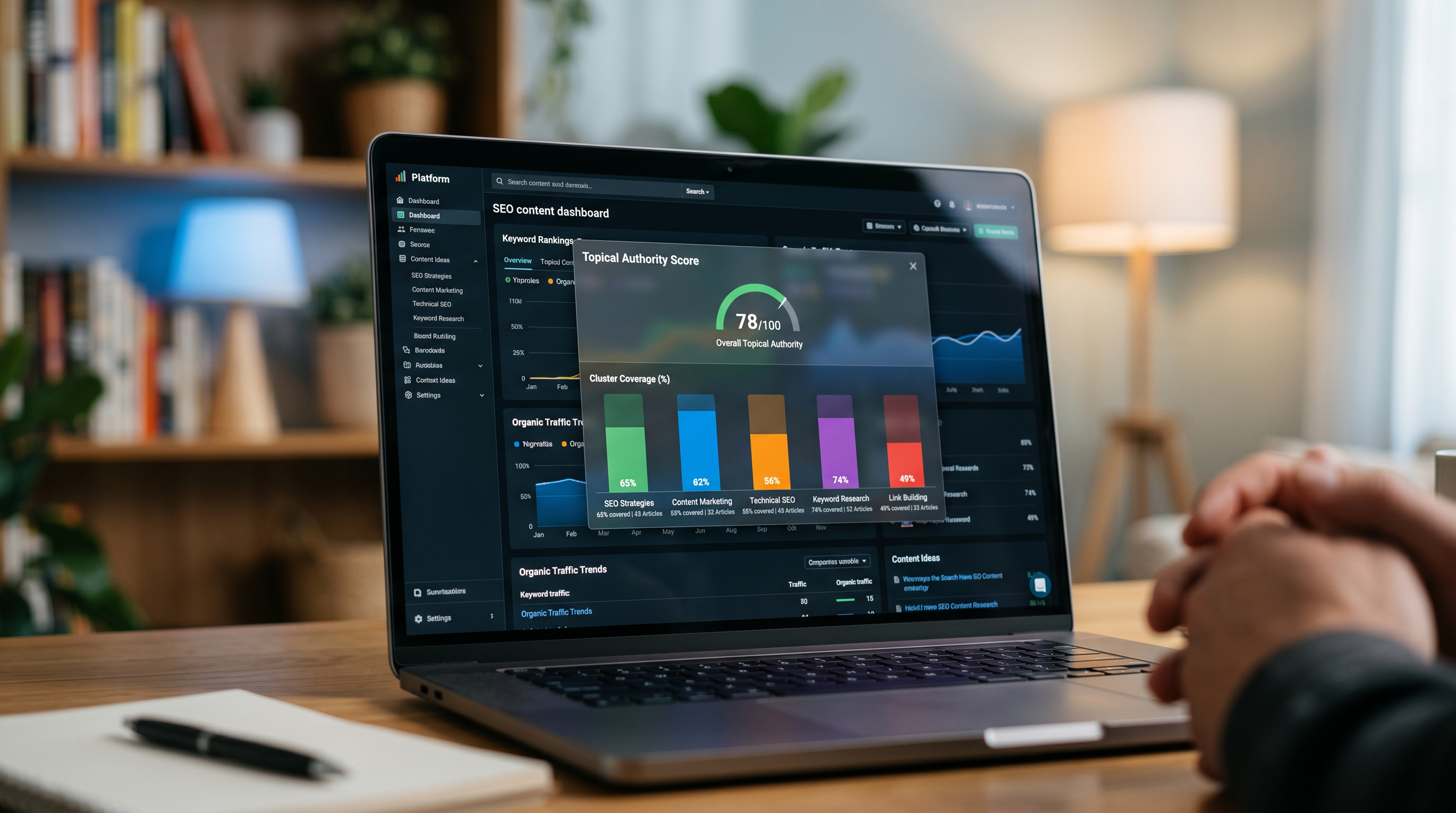 Photorealistic close-up of a MacBook screen showing an SEO content dashboard with a screen overlay r