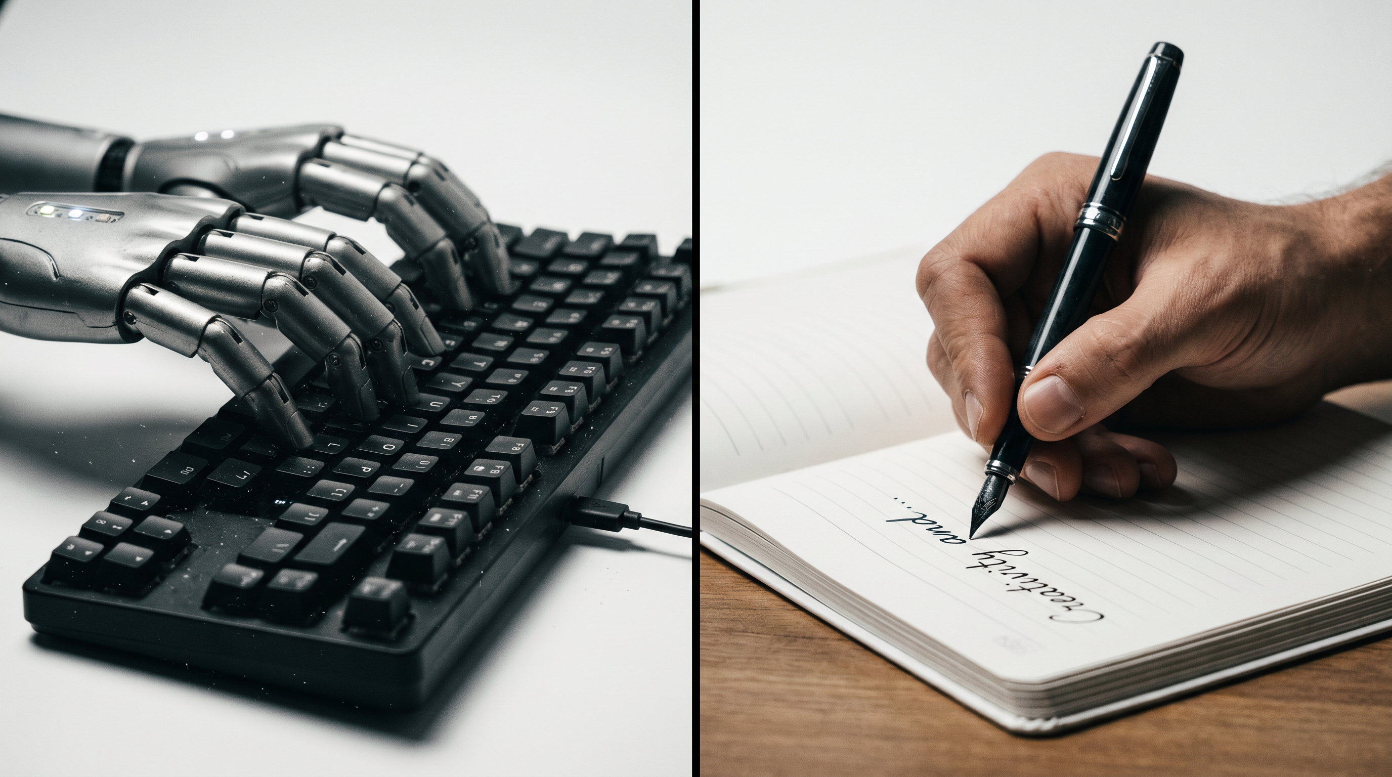 Split-screen comparison showing a robot hand typing on a keyboard on the left and a human hand writi