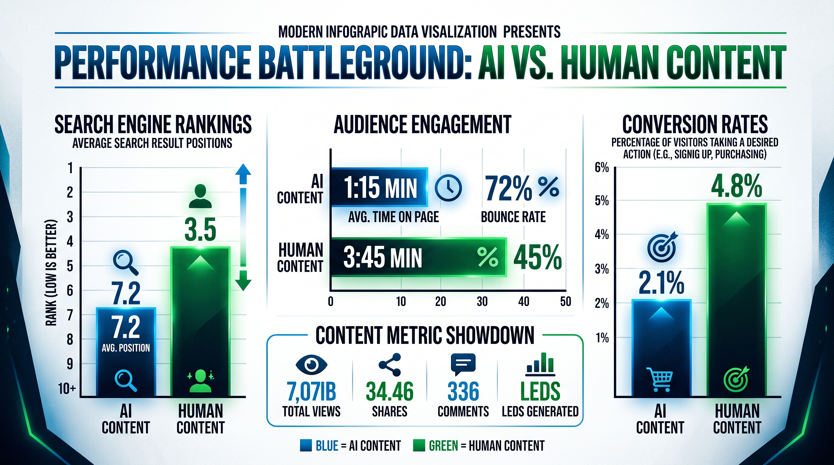 Data visualization dashboard showing bar charts comparing AI content versus human content performanc