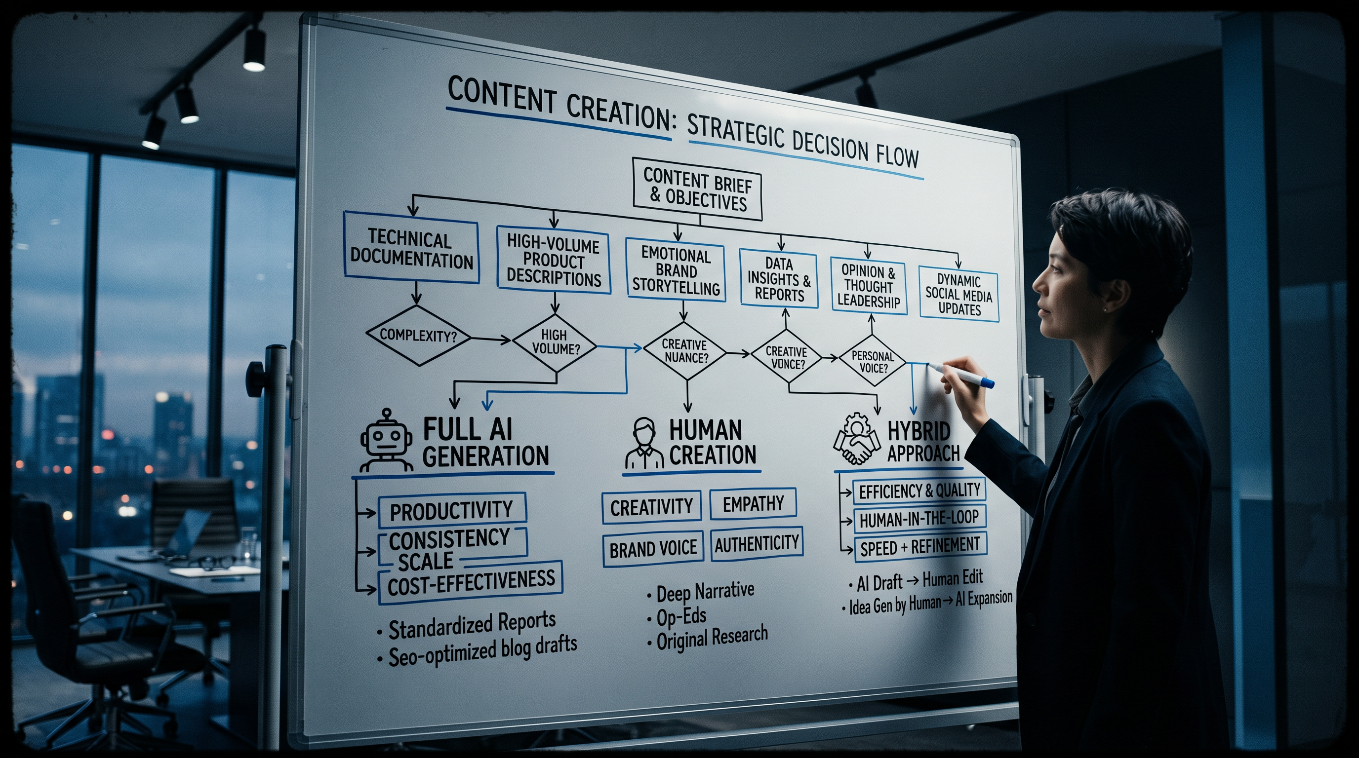 Strategic decision flowchart diagram on a whiteboard showing different content types branching into