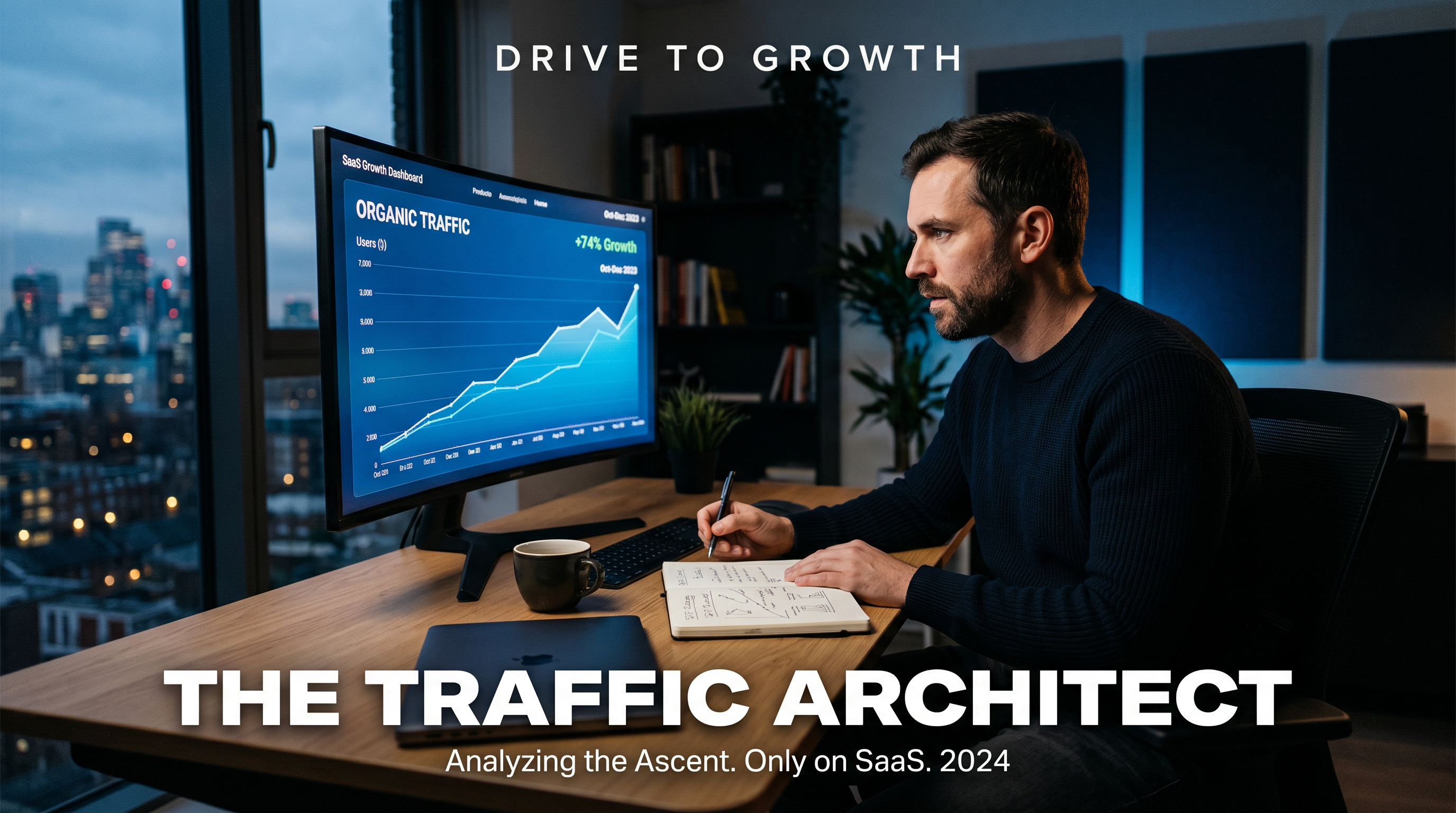 Focused SaaS founder analyzing organic traffic growth chart on a large monitor, modern minimalist ho