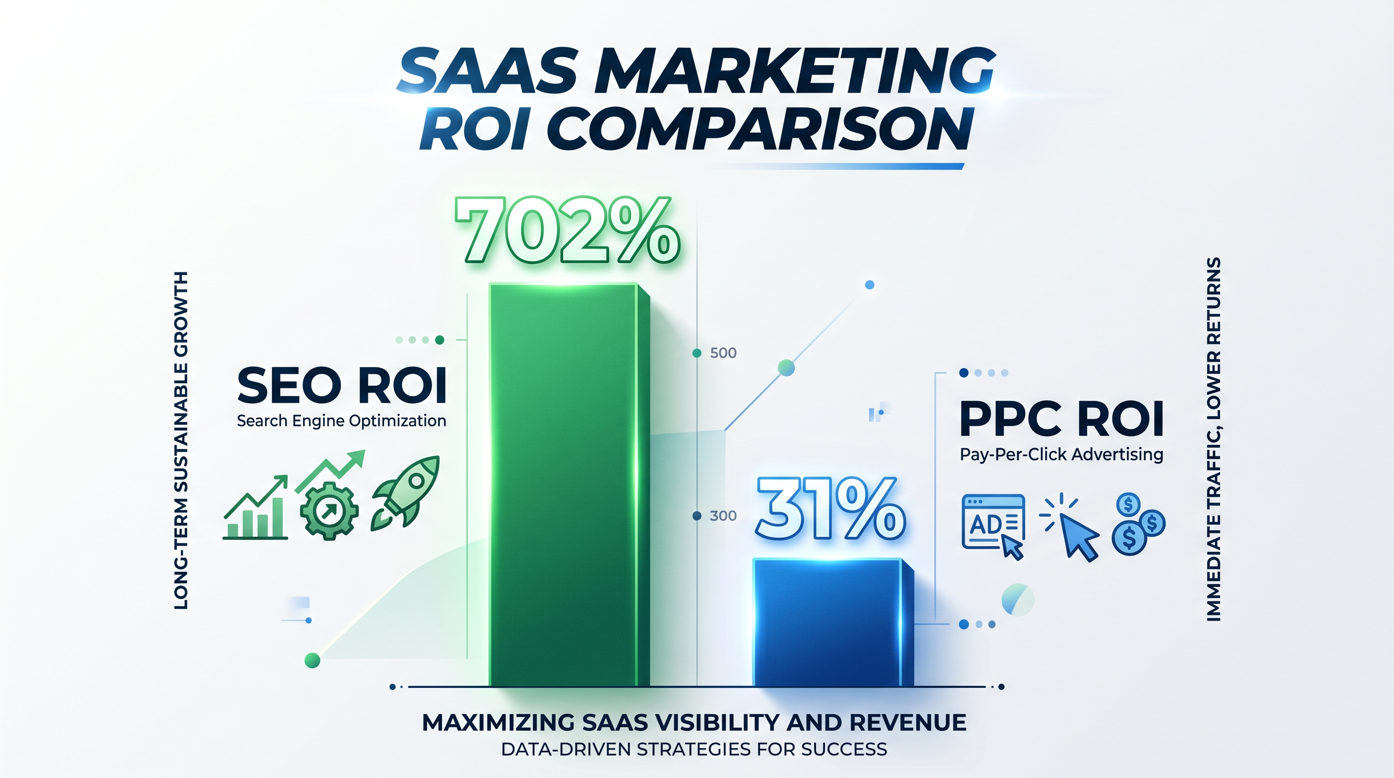 Clean comparison bar chart infographic showing SaaS SEO ROI at 702% versus PPC ROI at 31%, displayed