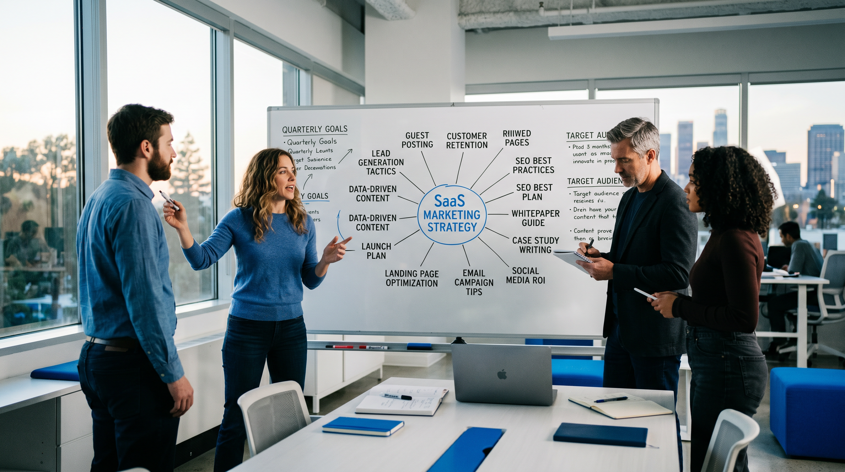 SaaS marketing team reviewing a content cluster diagram on a large whiteboard showing hub topic in c