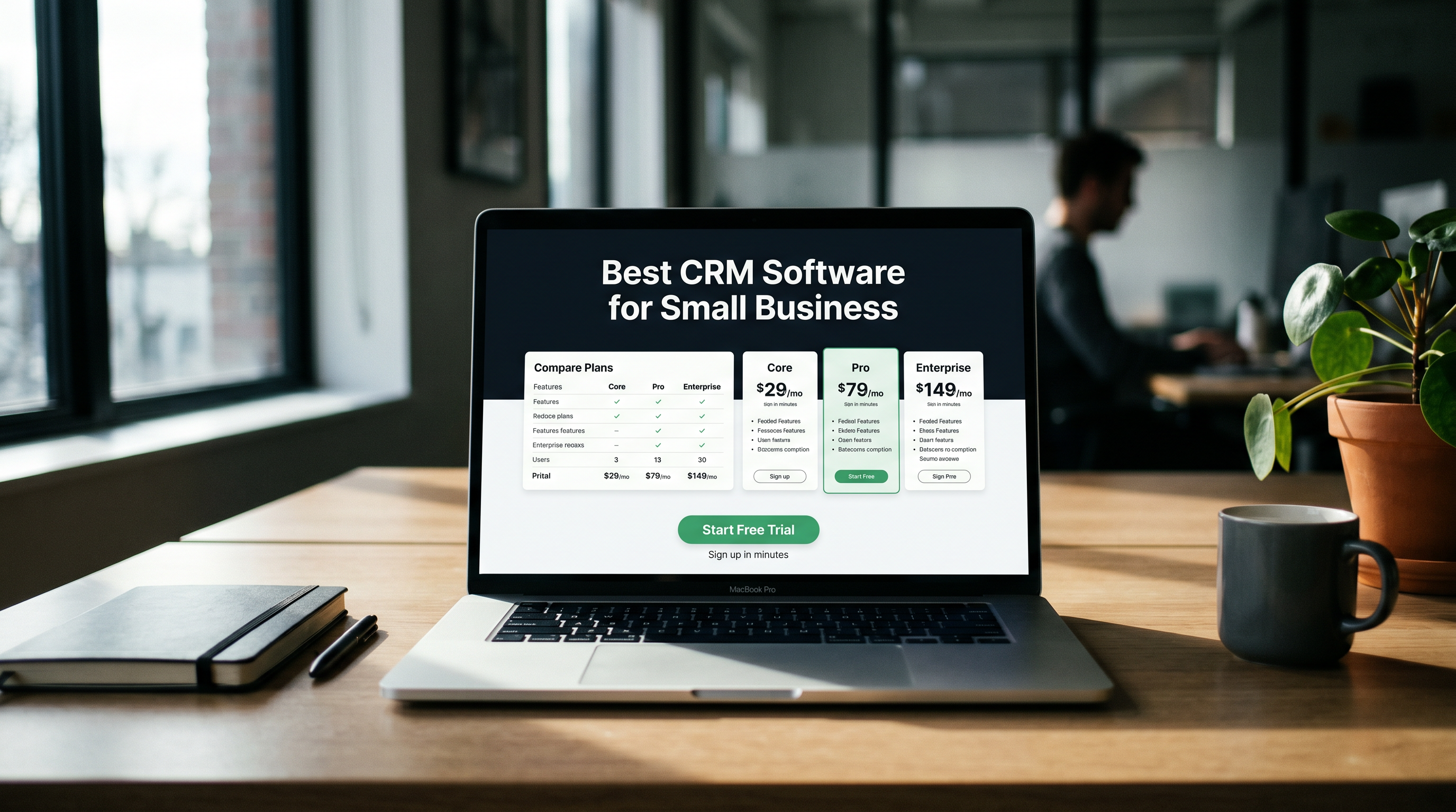 Clean laptop screen showing a well-structured landing page with headline text 'Best CRM Software for